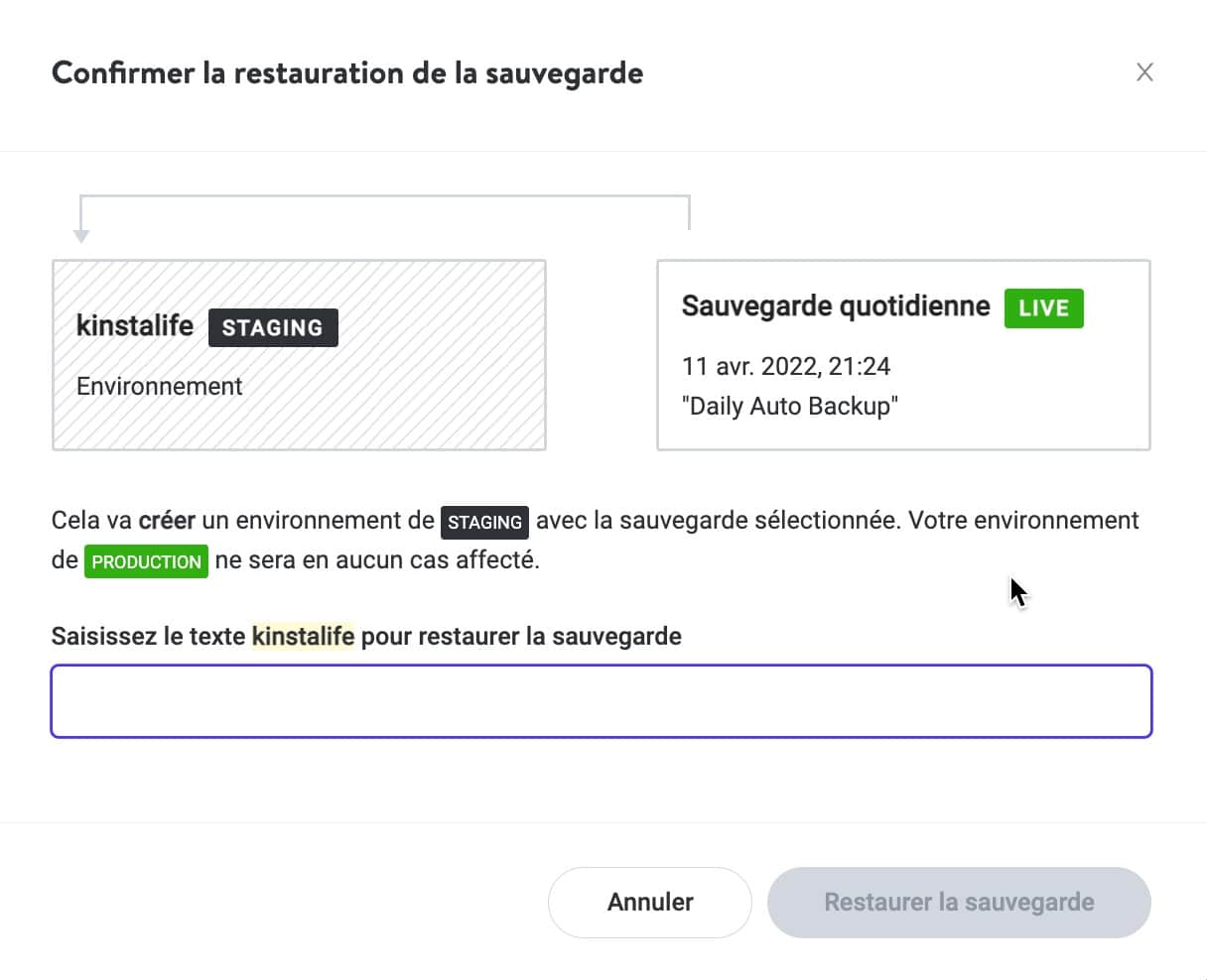 Confirmer la restauration de la sauvegarde WordPress vers l’environnement de staging