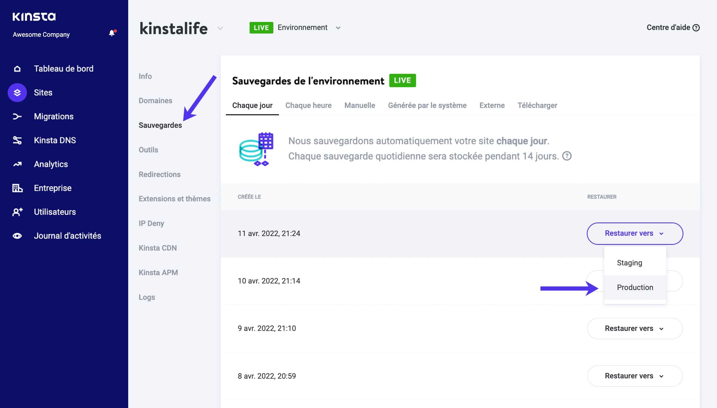 Restaurer WordPress à partir des sauvegardes dans MyKinsta