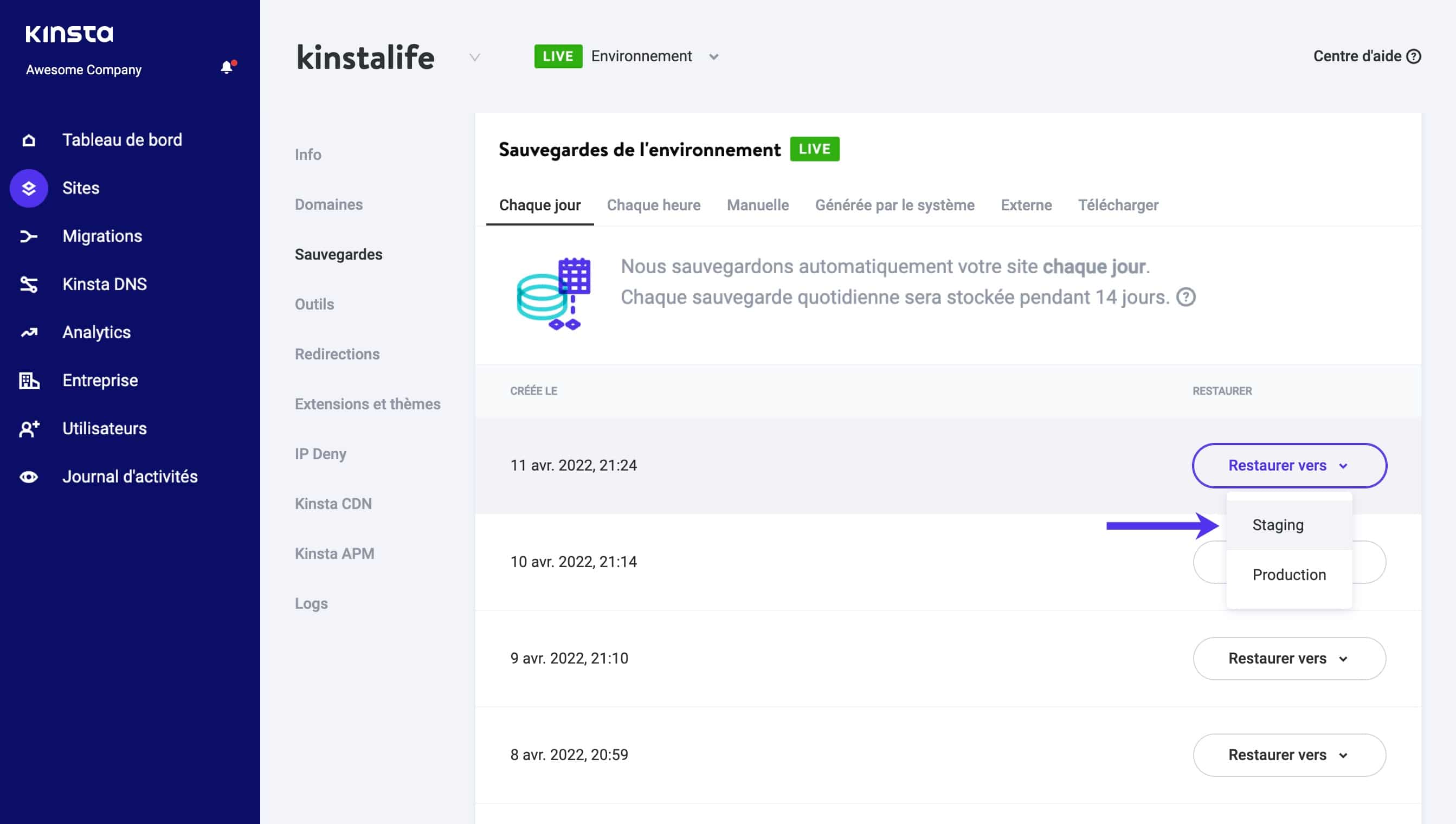 Restaurer WordPress à partir d'une sauvegarde et la pousser vers l'environnement de staging