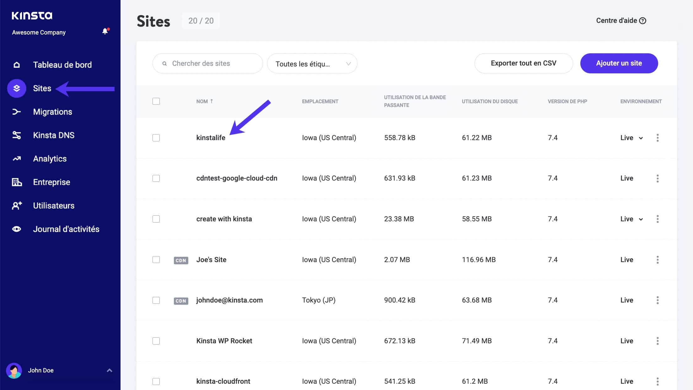 Sites WordPress dans MyKinsta