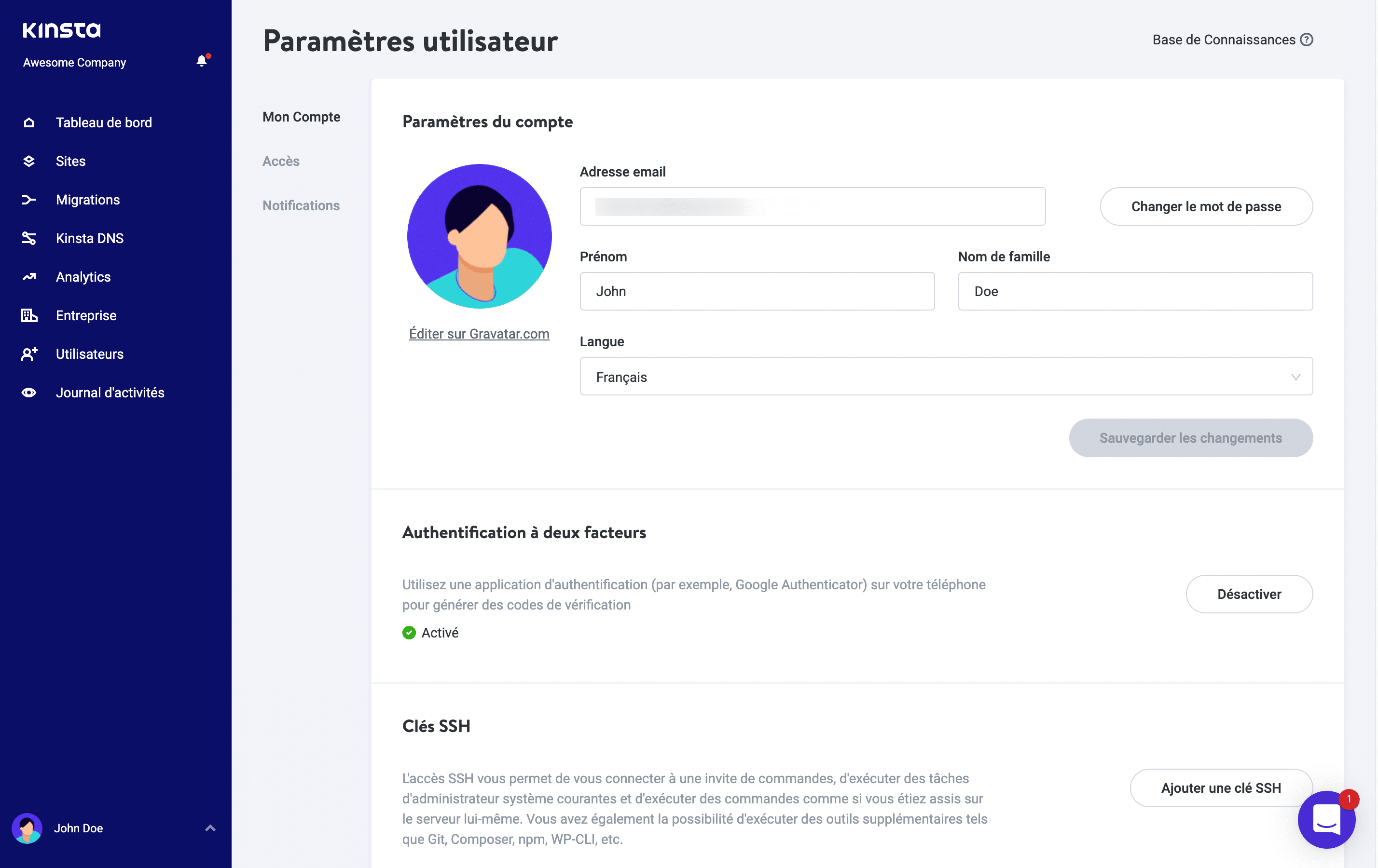 Activer l'authentification à deux facteurs dans MyKinsta