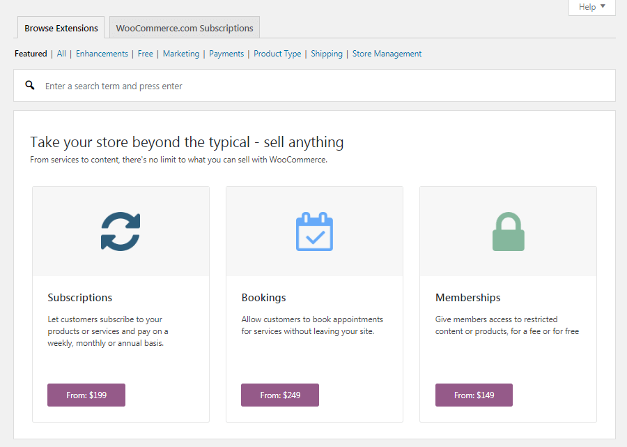 L'onglet Extensions WooCommerce
