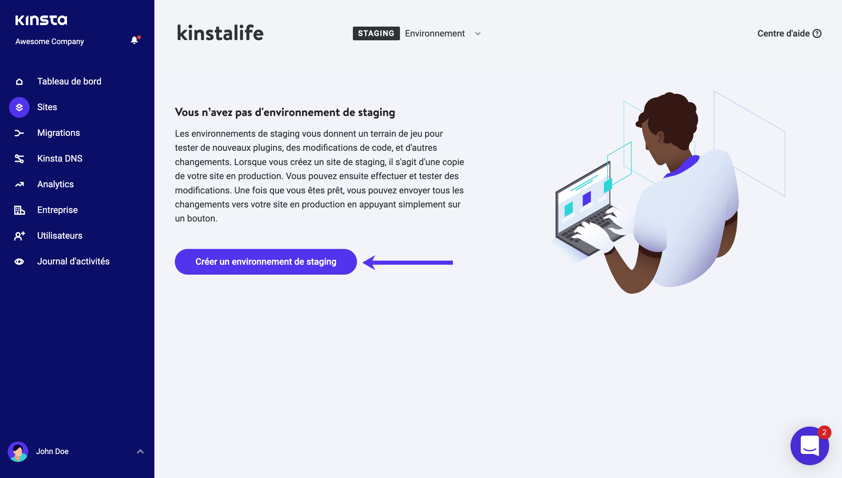 Environnement de staging Kinsta