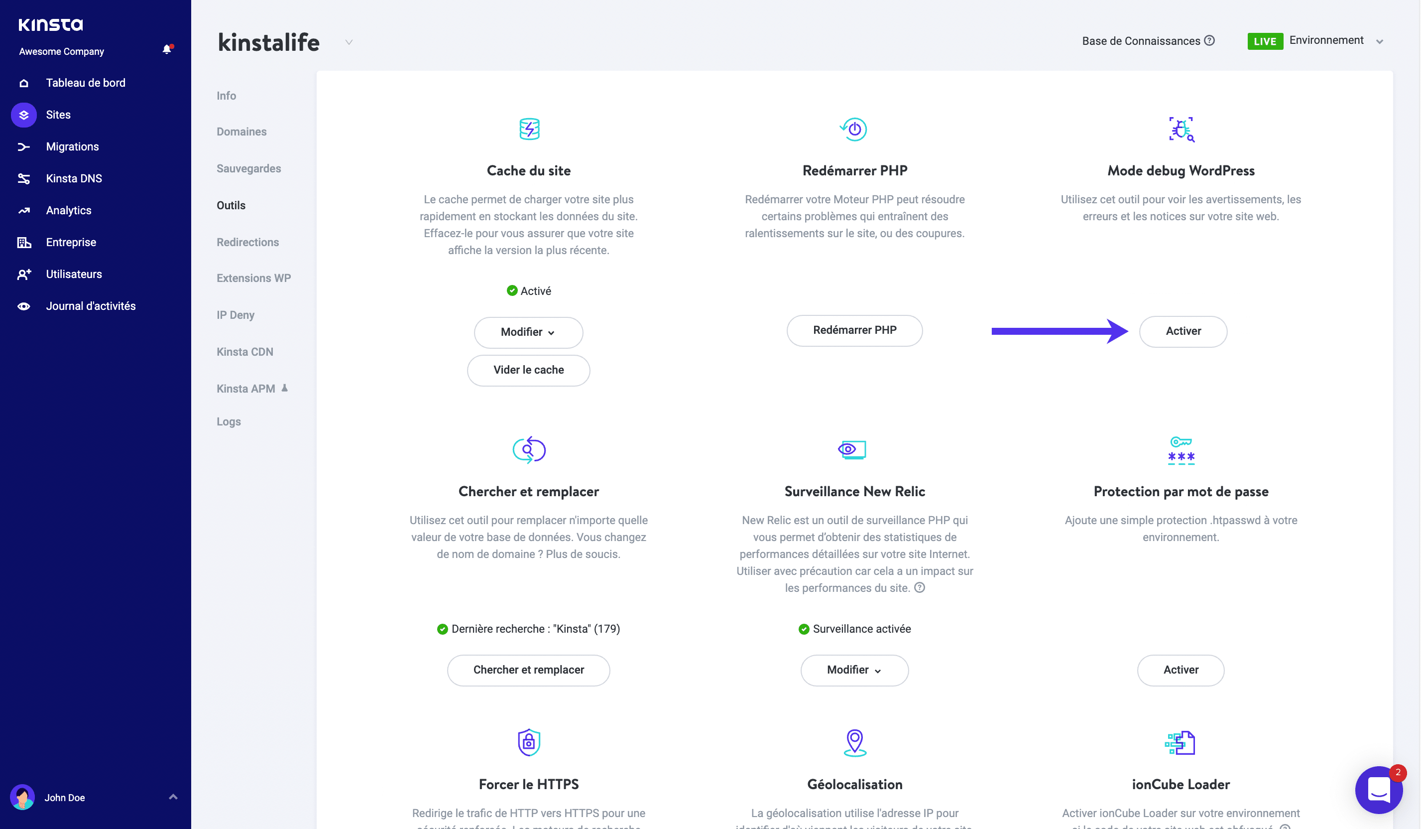 Le mode de débogage est activé dans MyKinsta.