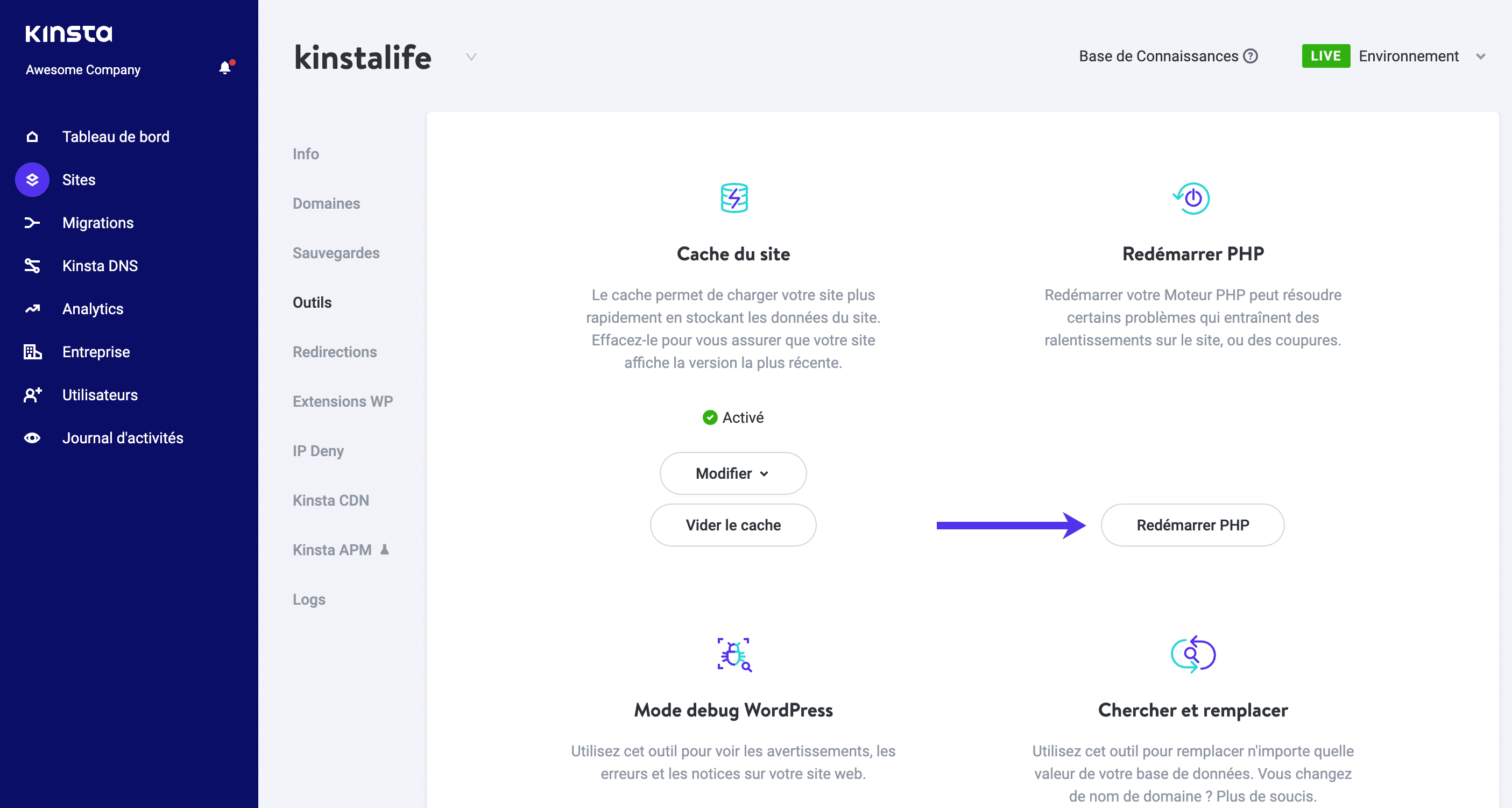 Redémarrer PHP dans le tableau de bord MyKinsta.