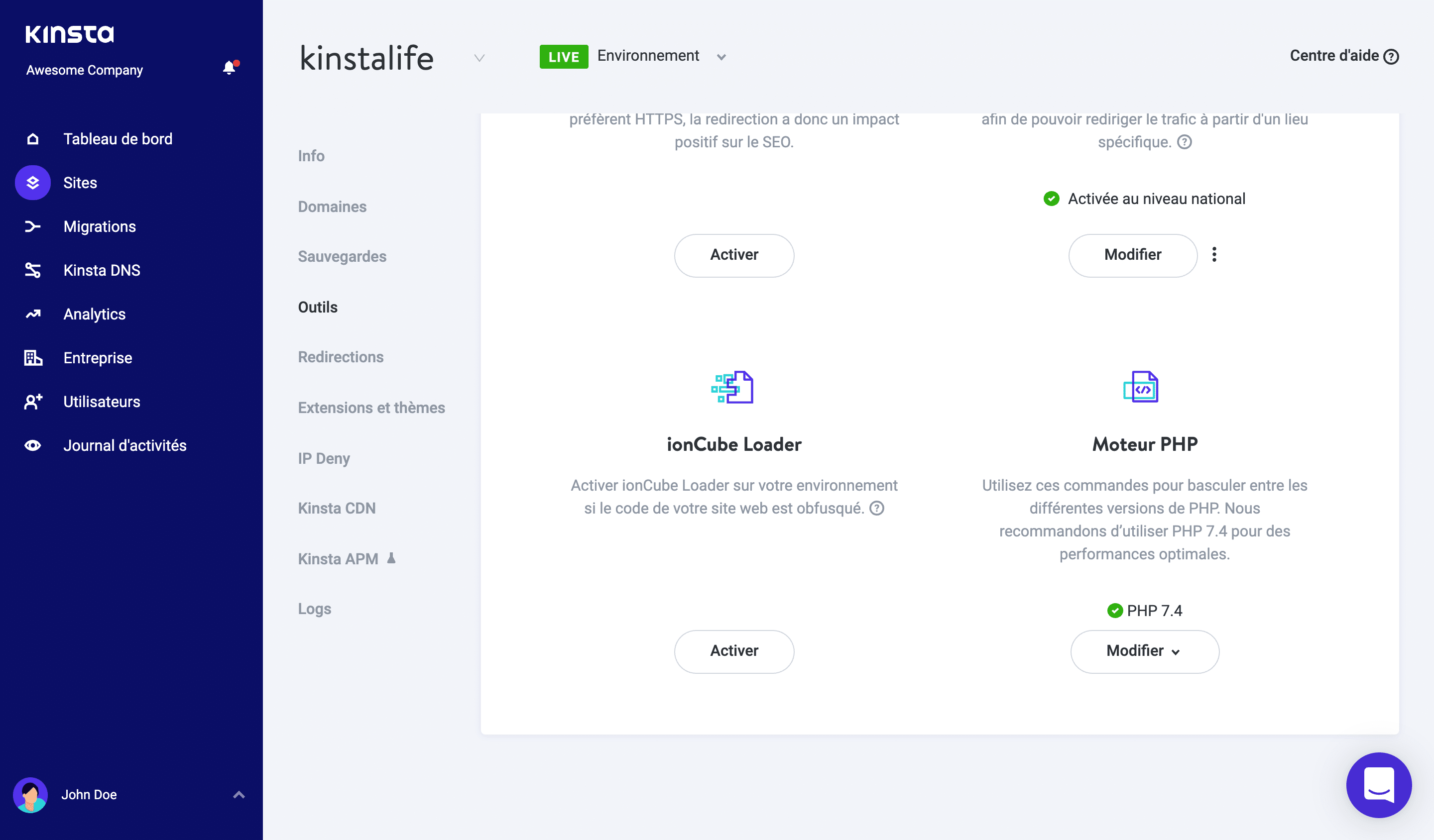Changer de version de PHP dans MyKinsta.
