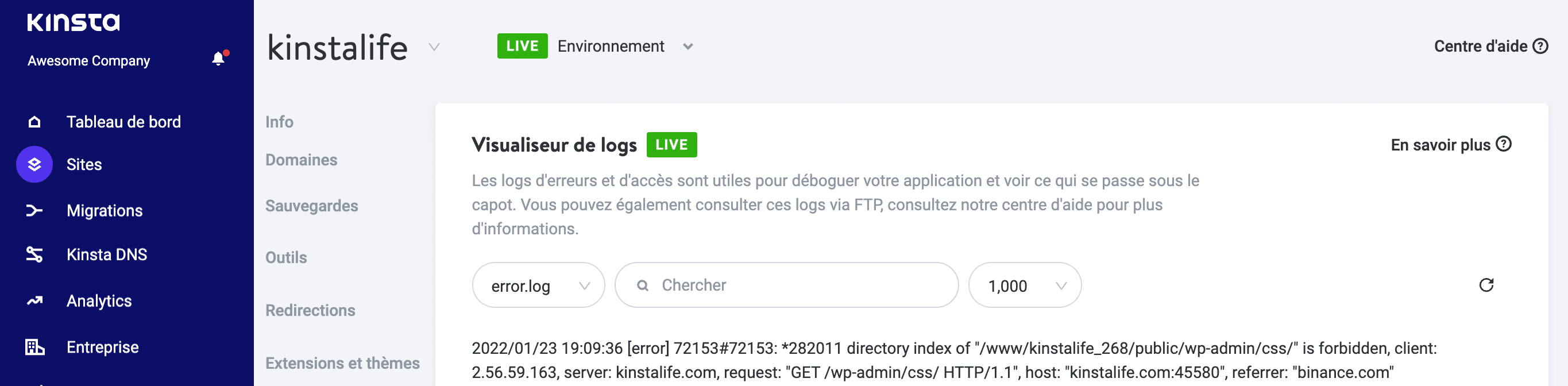 Afficher les erreurs PHP dans MyKinsta.