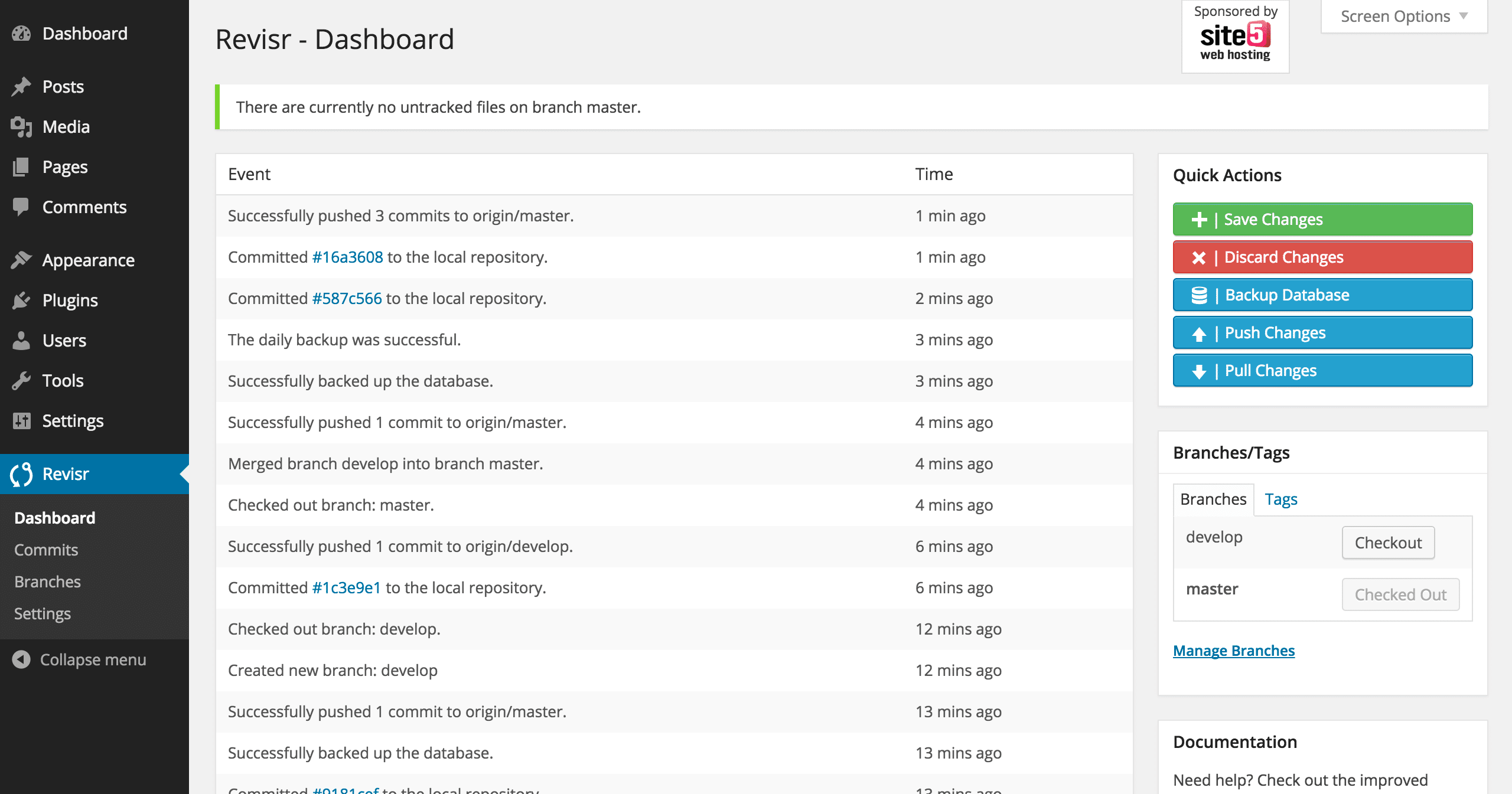 L'interface de l’extension Revisr