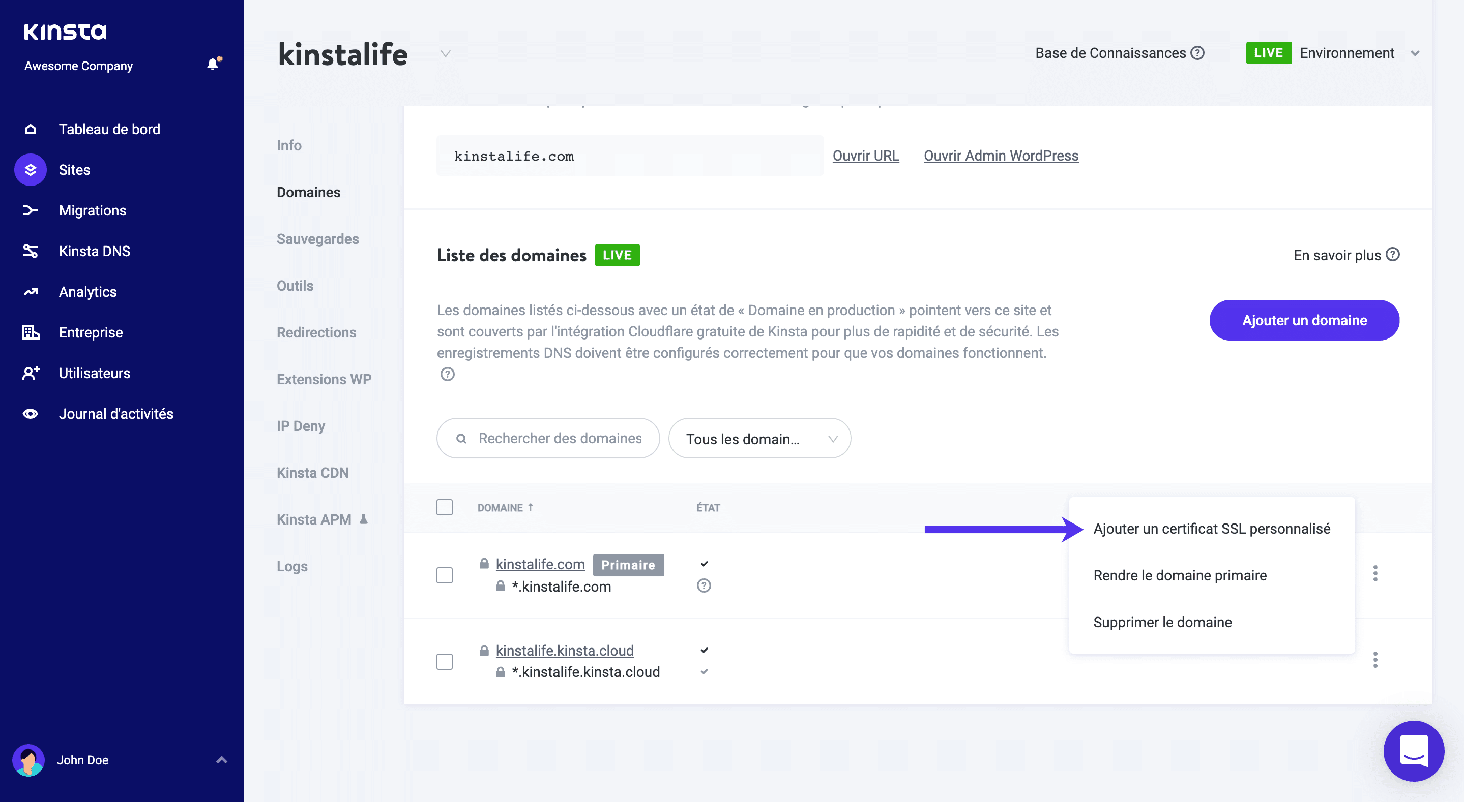 Ajouter un certificat SSL personnalisé.