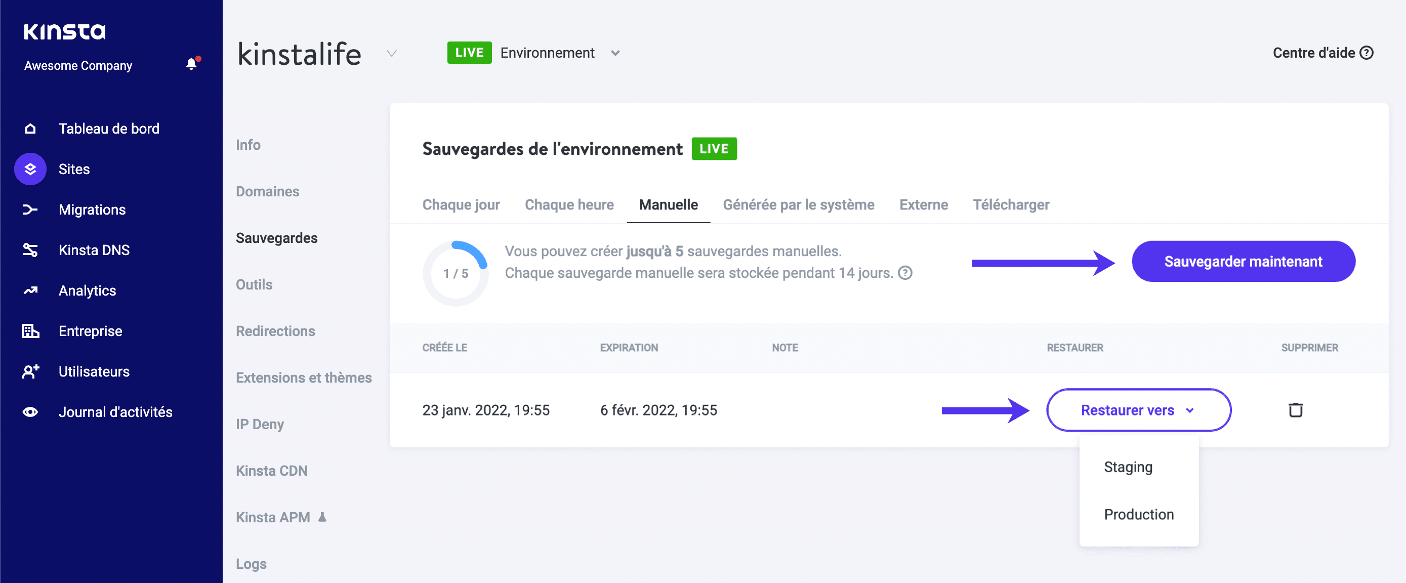 Restaurer une sauvegarde dans MyKinsta