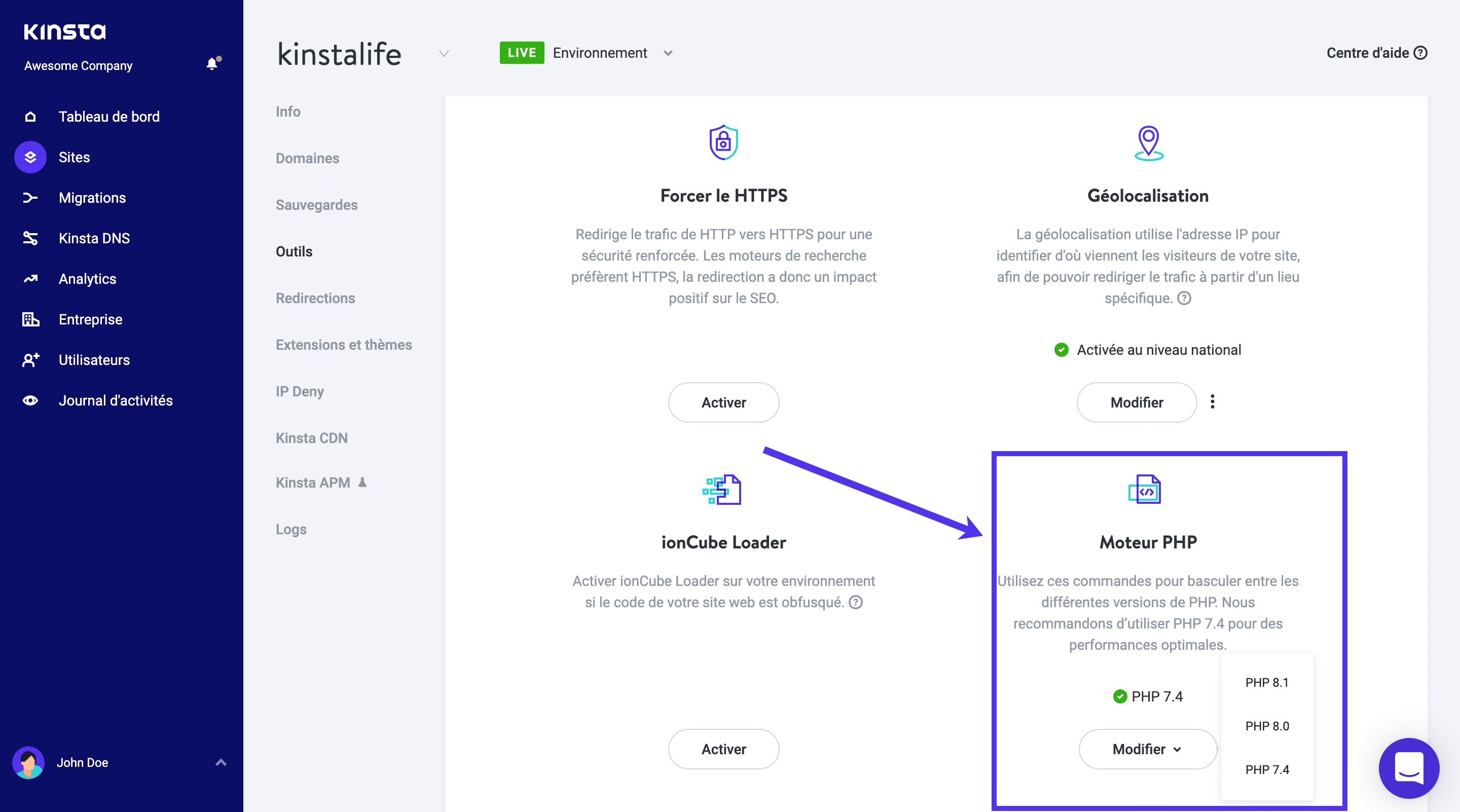 Comment mettre à jour la version de PHP dans MyKinsta
