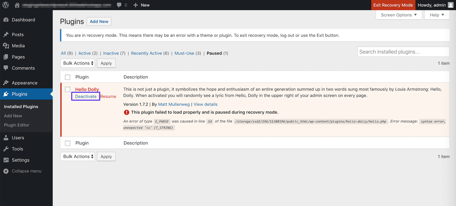 Désactivation d'une extension en mode de récupération