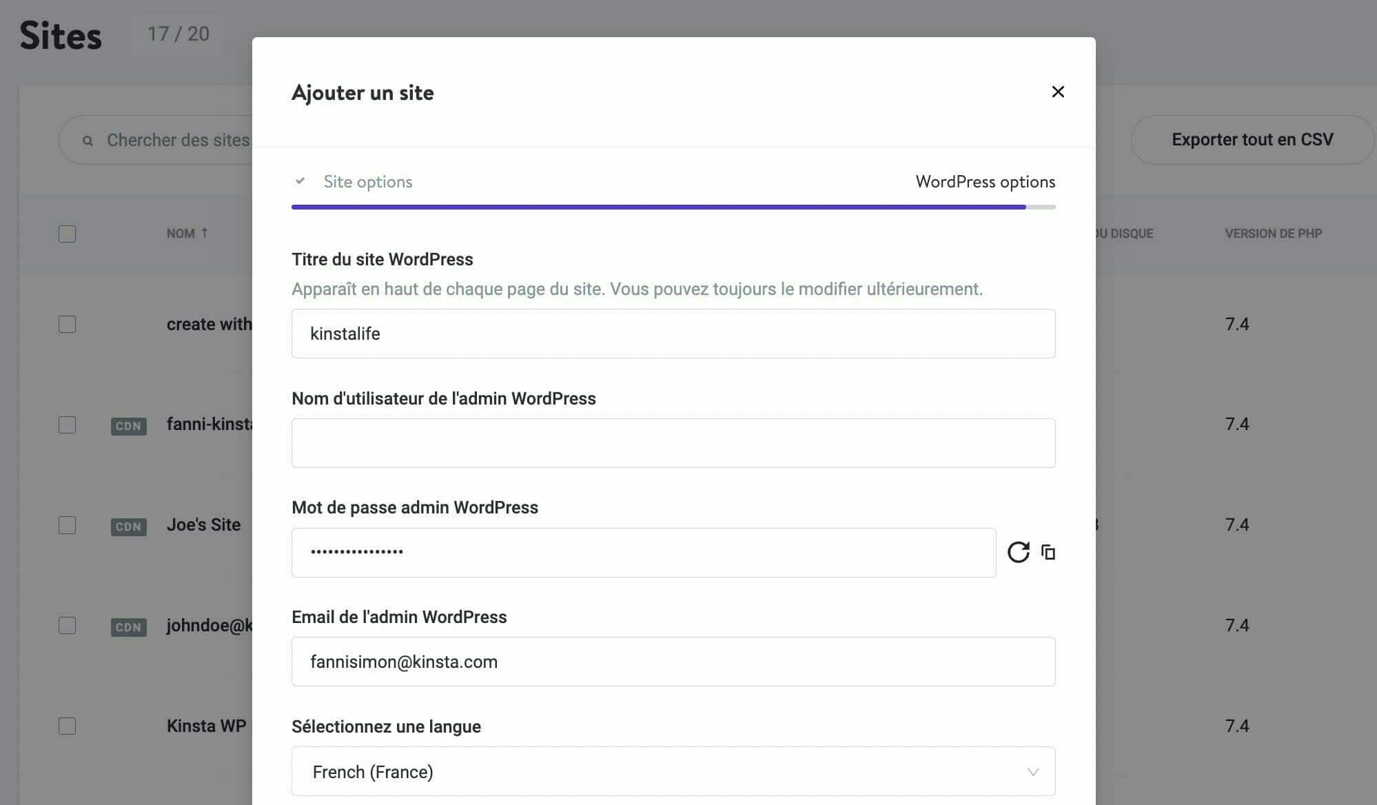 Nouveau site WordPress dans MyKinsta
