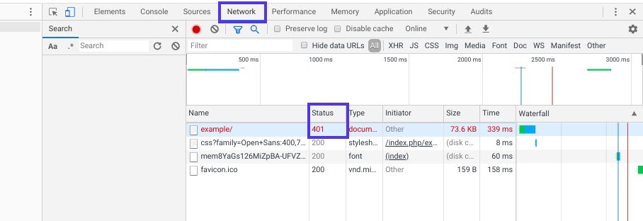 Le code de statut 401 dans la console de développement de Chrome