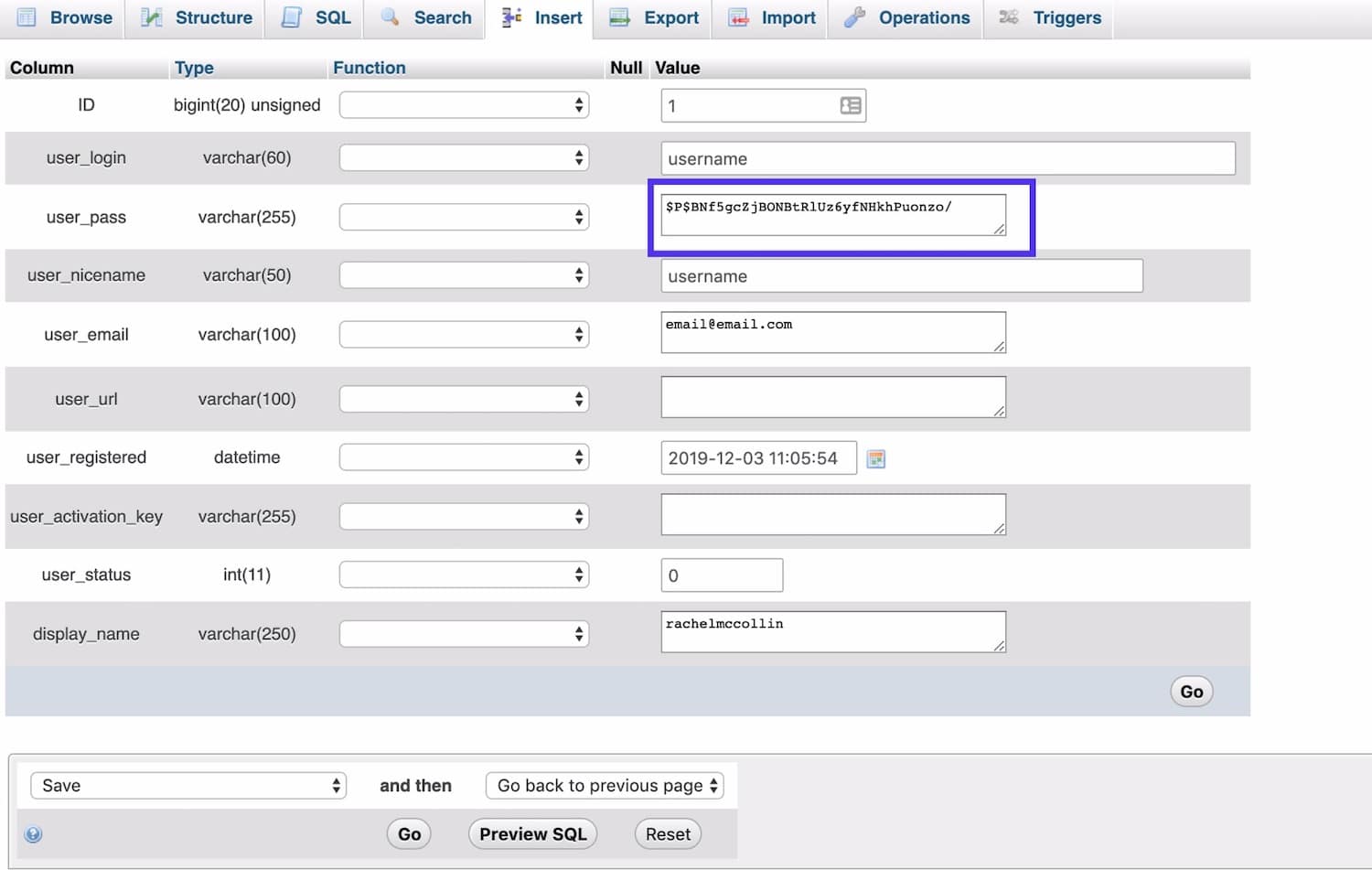 Modification du mot de passe dans le champ user_pass