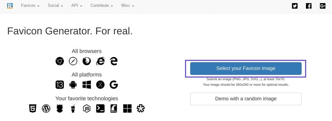 Téléchargement d'une image source sur RealFaviconGenerator