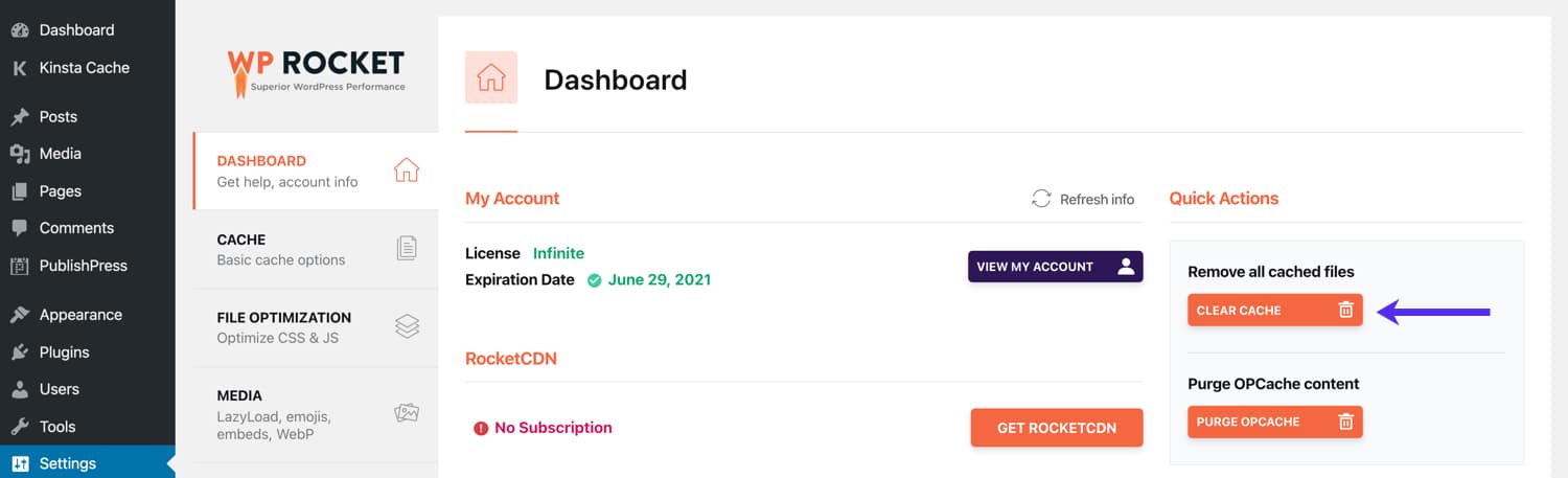Effacer le cache dans WP Rocket.