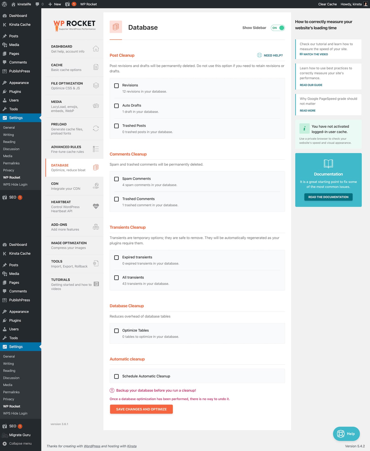 Optimisation de la base de données via WP Rocket.