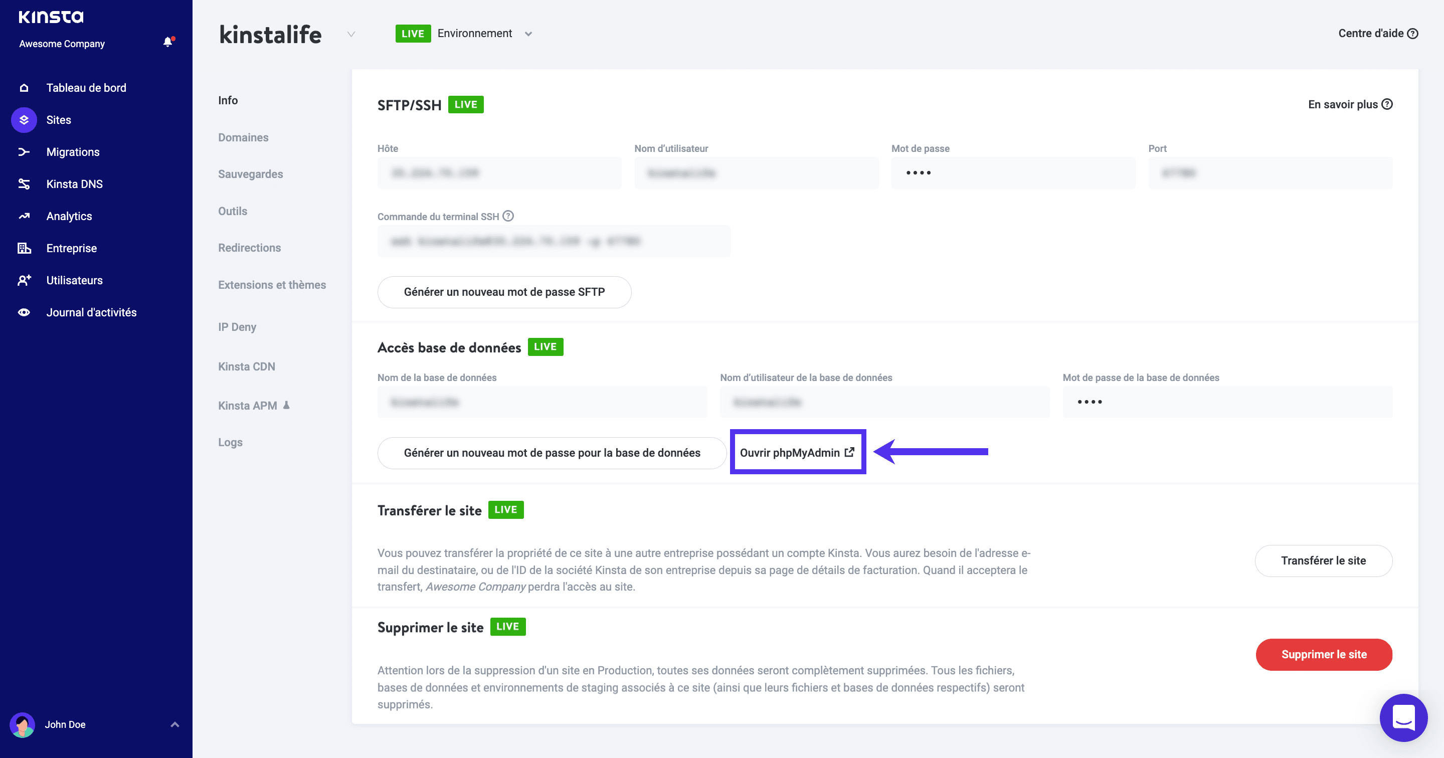 Accéder à phpMyAdmin via le tableau de bord Kinsta.