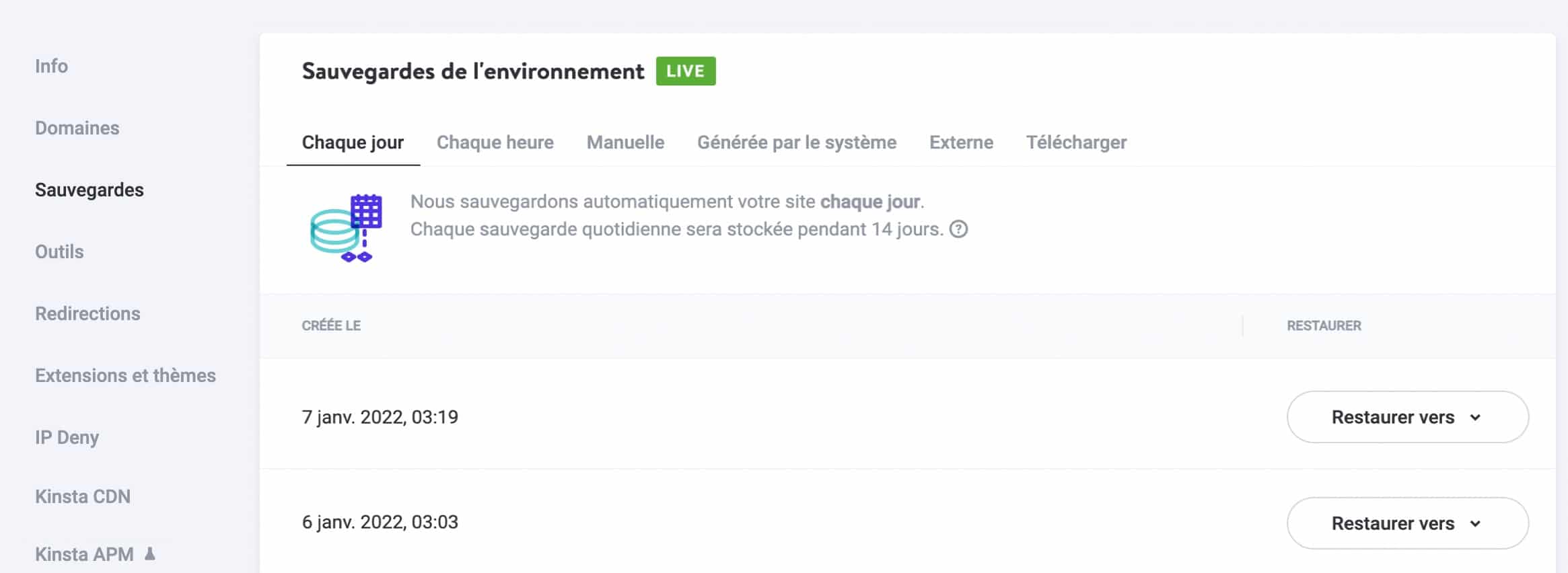 Une vue globale des sauvegardes de MyKinsta.