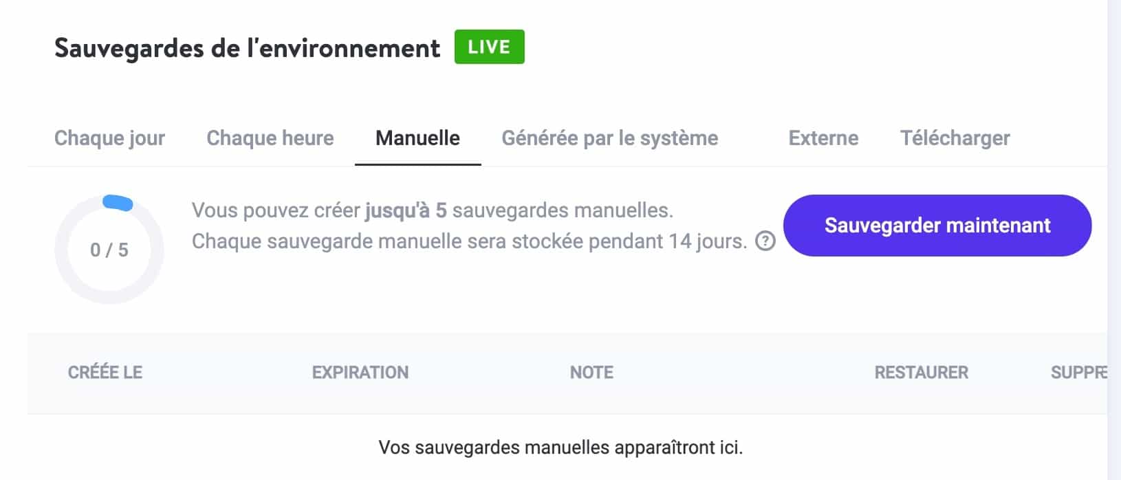 Créer une sauvegarde manuelle en utilisant Kinsta.