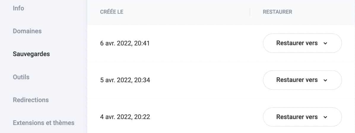 Une liste des sauvegardes récentes du site web.