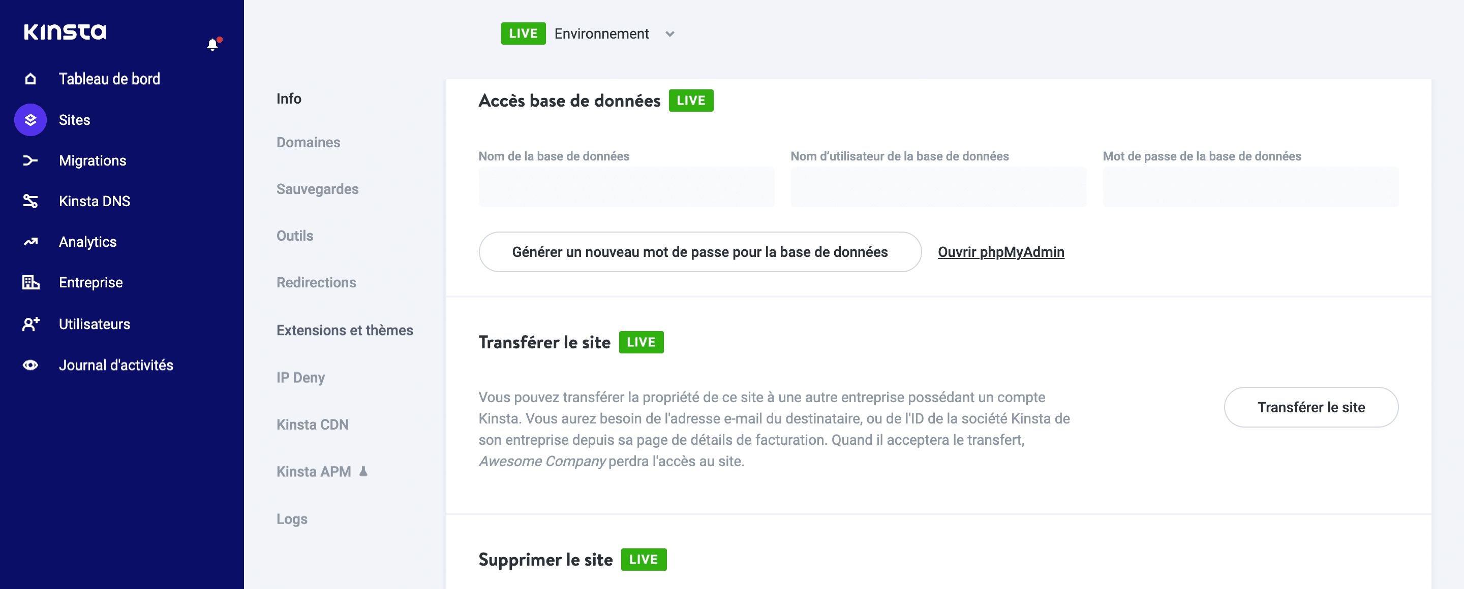 Trouvez la section Accès base de données