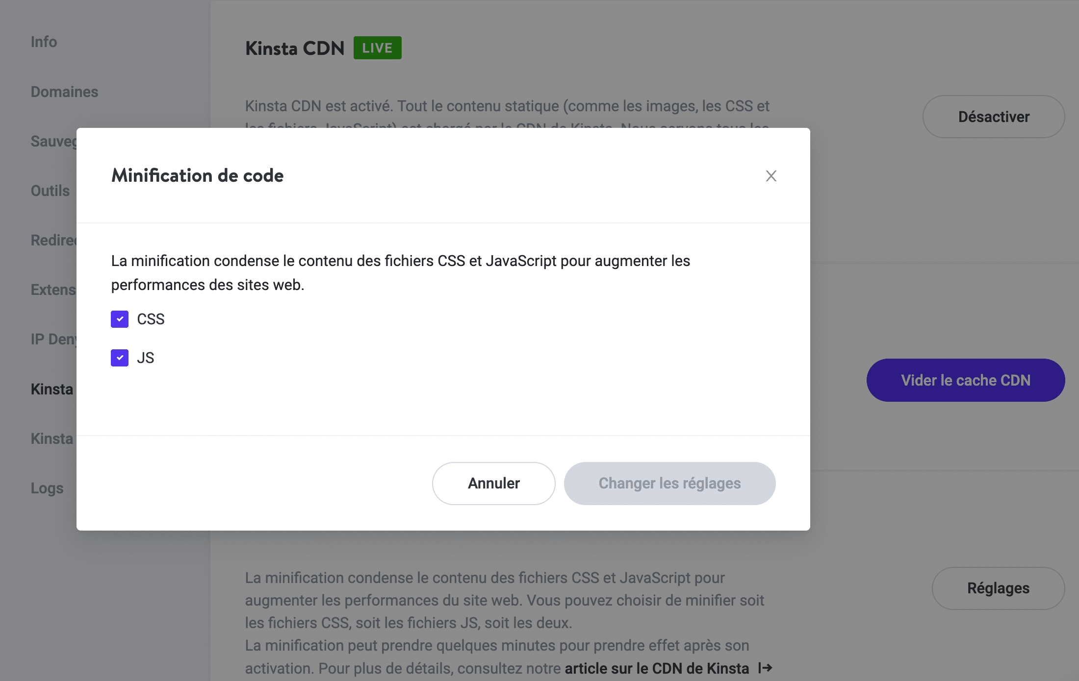 Utilisation de l'outil de minification de code dans MyKinsta.