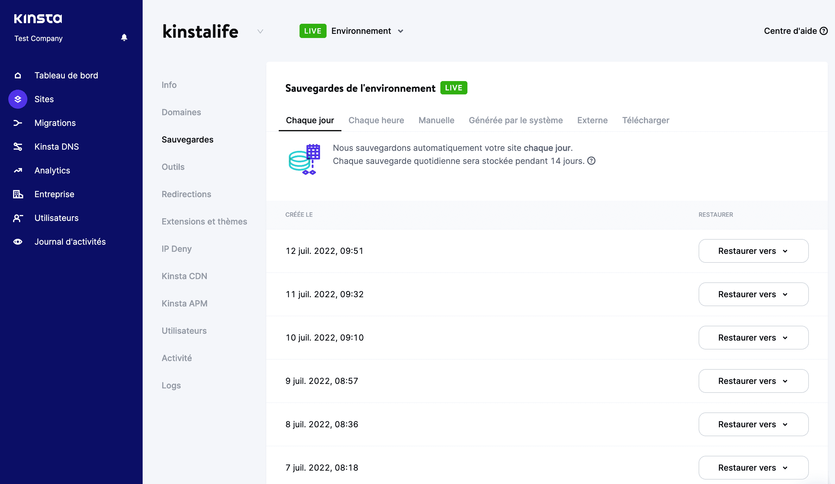 La fonction de sauvegardes automatiques de MyKinsta.