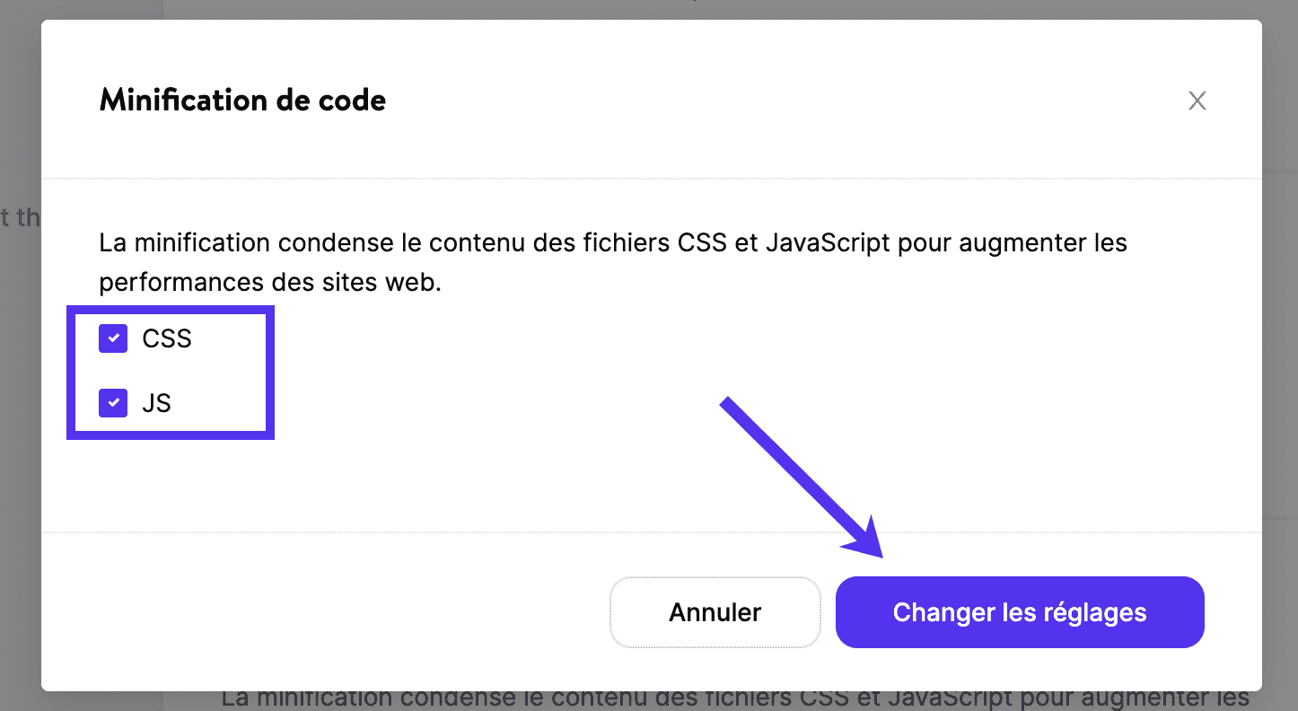 Ajustement des réglages de minification du code dans Kinsta CDN.