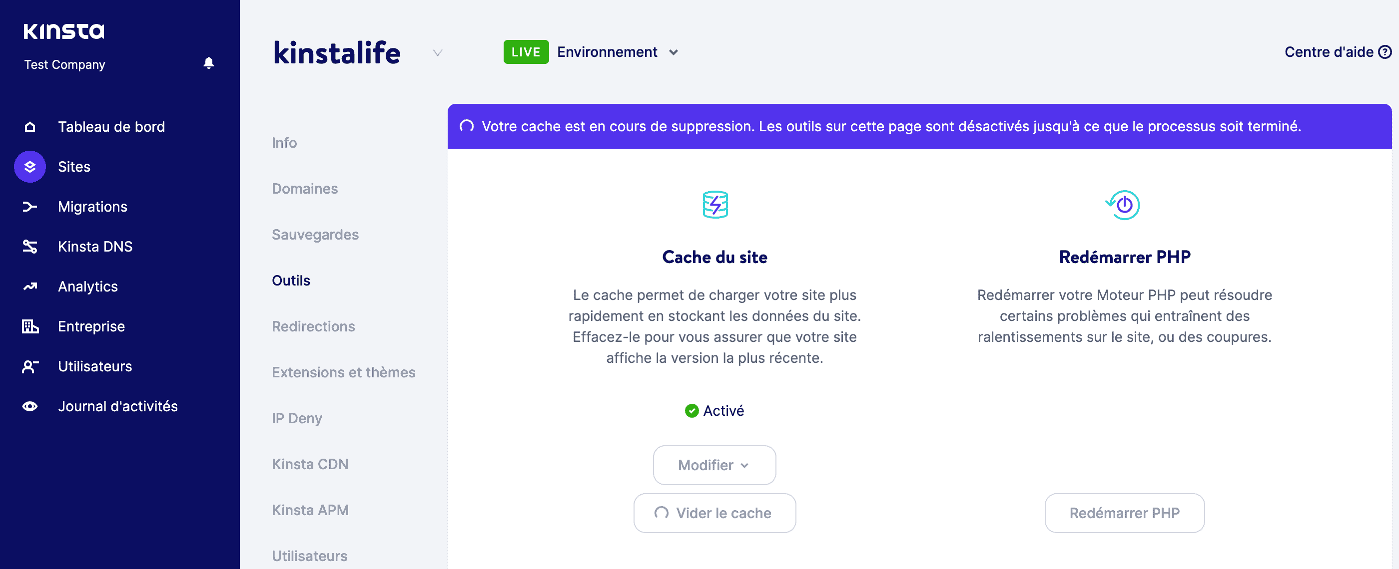 Vider le cache dans le tableau de bord MyKinsta.