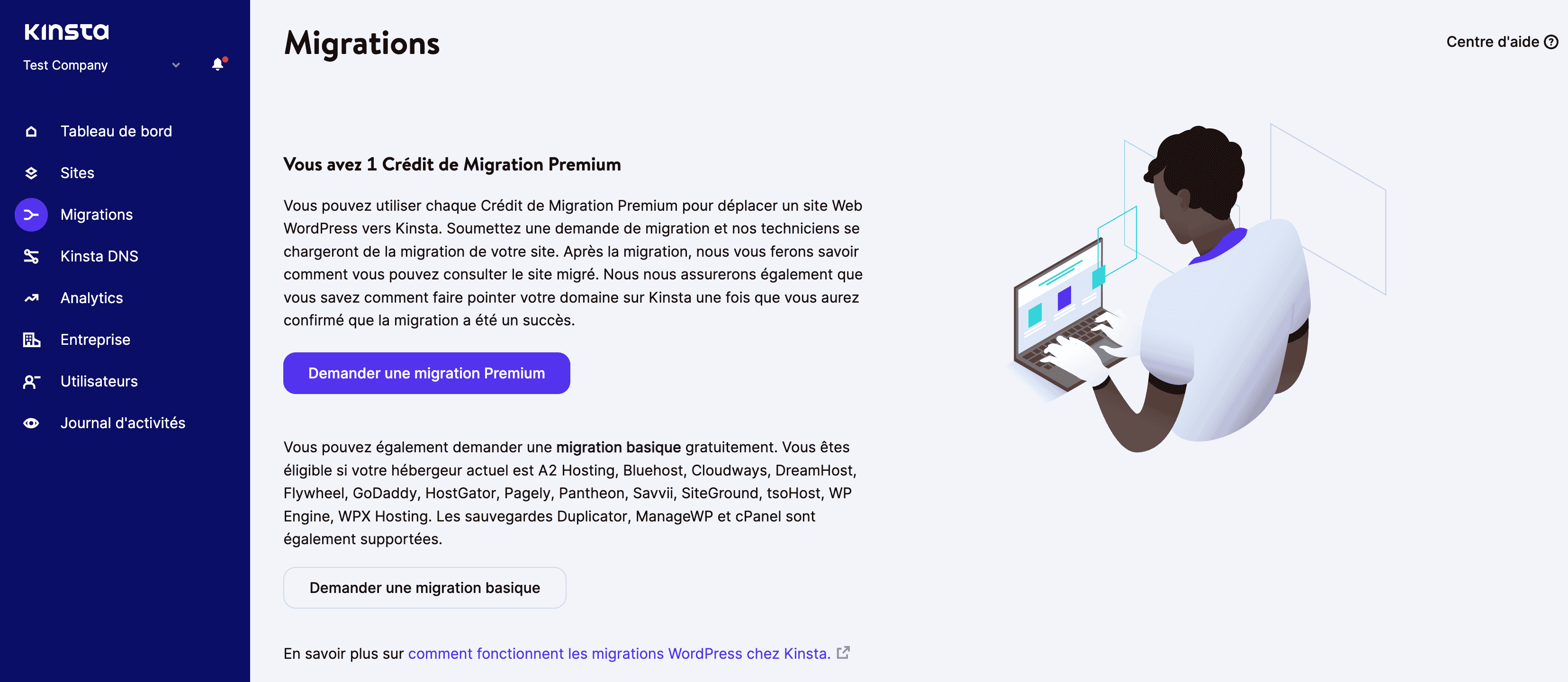 Demande de migration de site par MyKinsta.