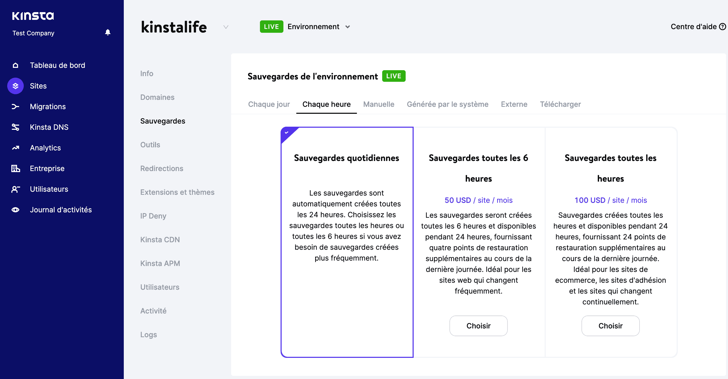 Configuration des sauvegardes horaires via MyKinsta.