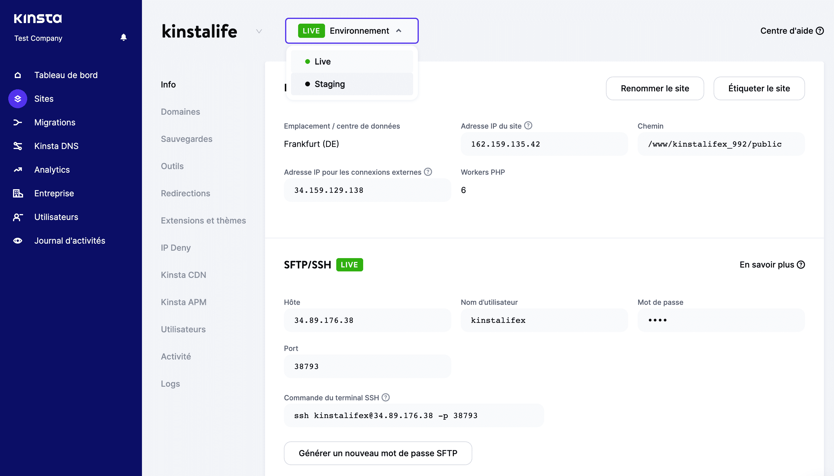 Basculer entre les environnements Production et Staging dans MyKinsta.