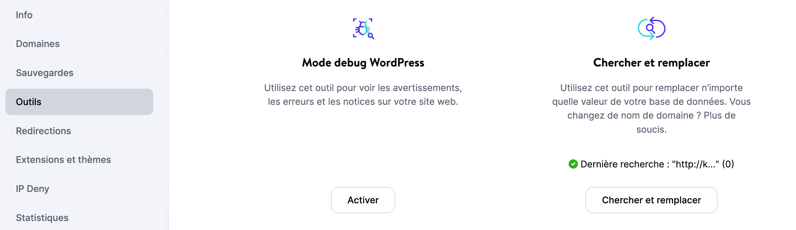 L'option de débogage de WordPress dans le tableau de bord MyKinsta.