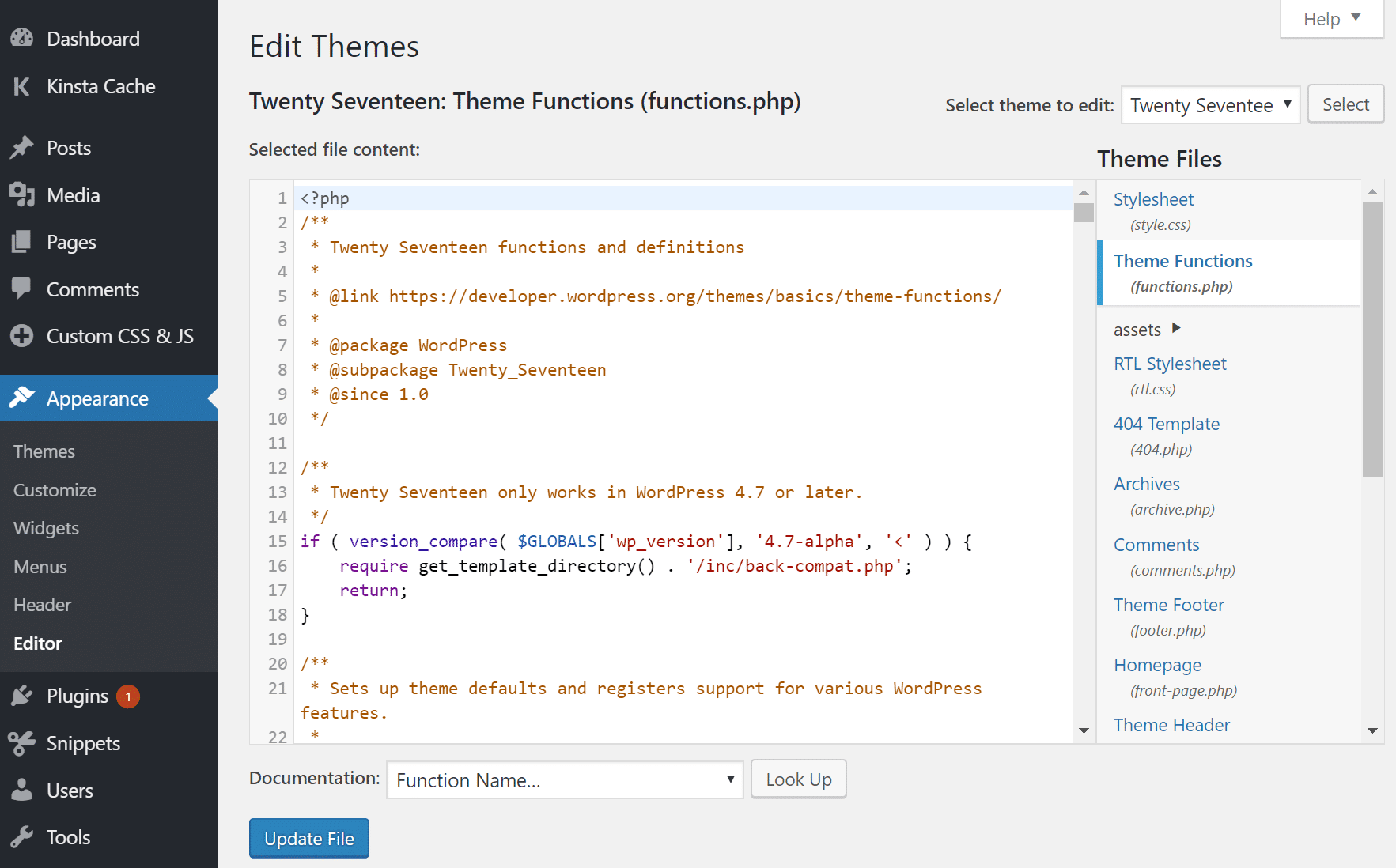 Modifica del codice in WordPress 4.9
