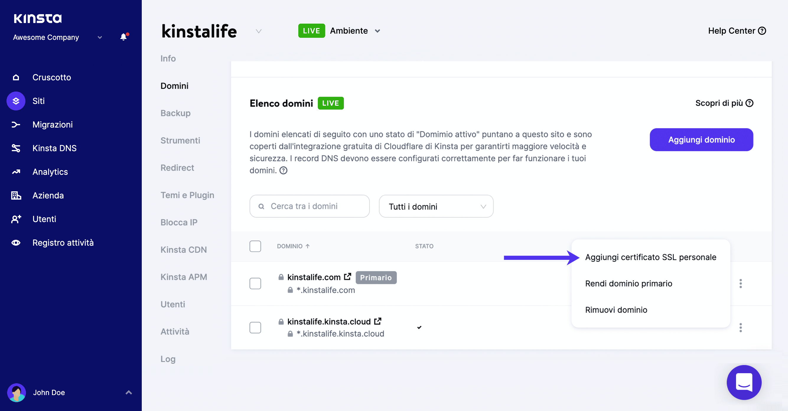 Aggiungere un certificato SSL personalizzato.