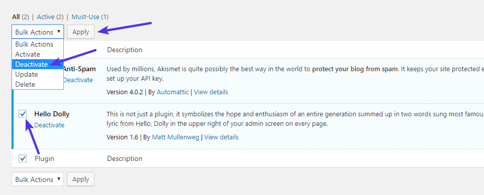 Come disattivare in gruppo i plugin di WordPress dalla dashboard