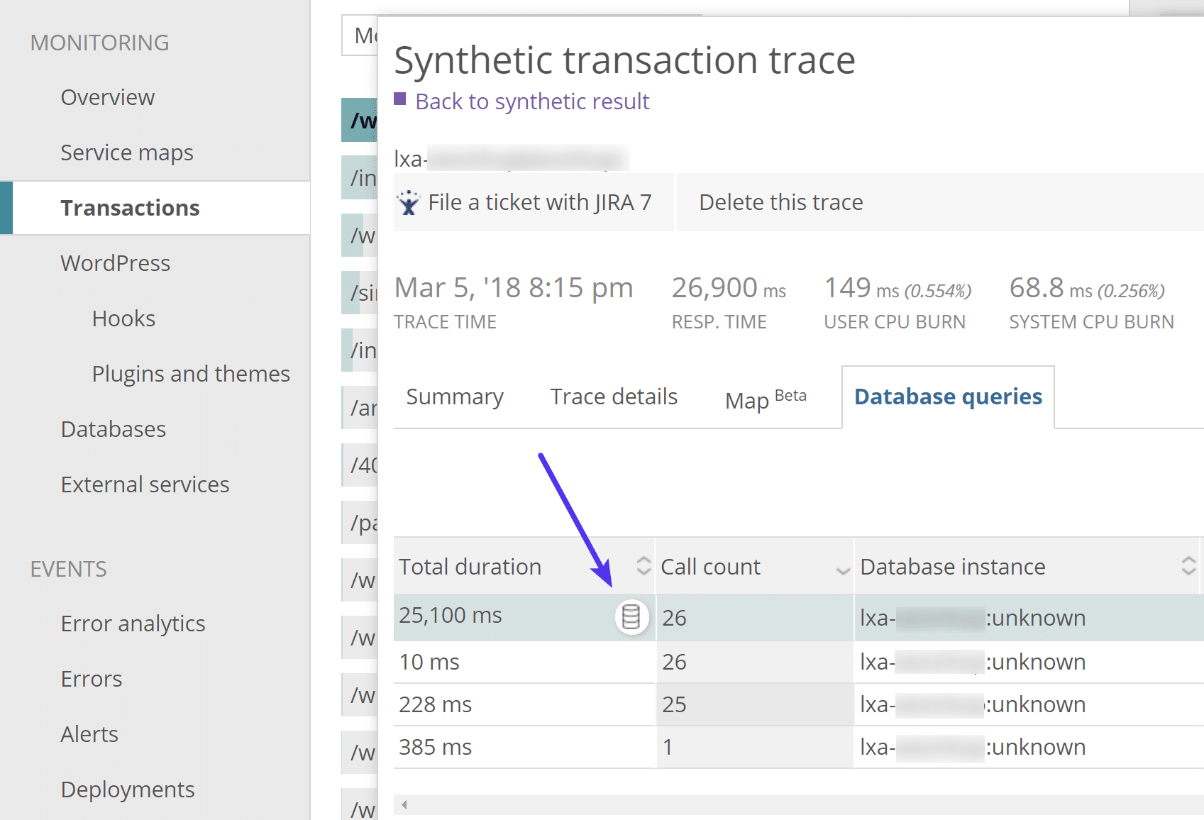 Traccia delle query del database