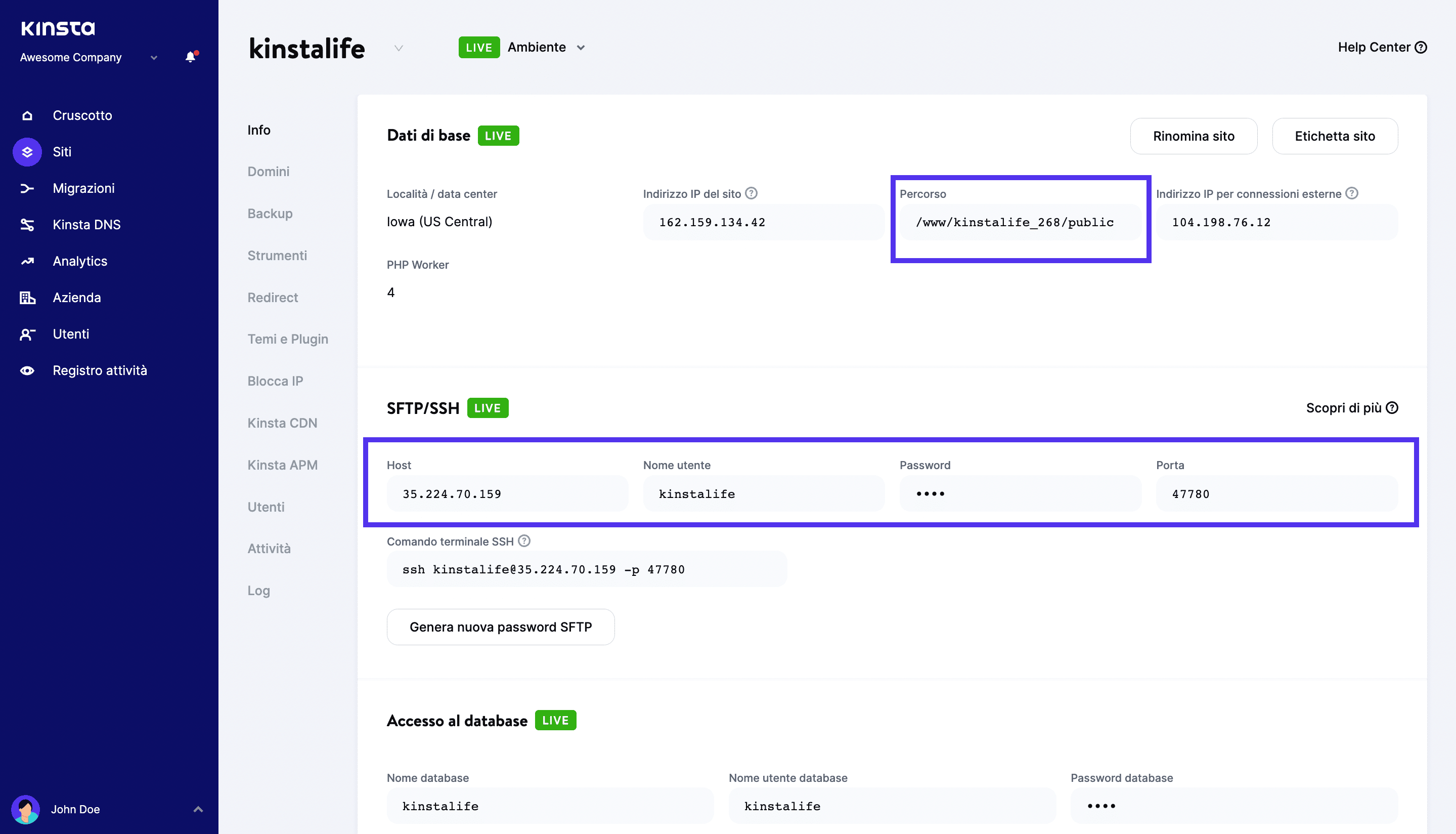 Trovate i vostri dati SFTP in MyKinsta.