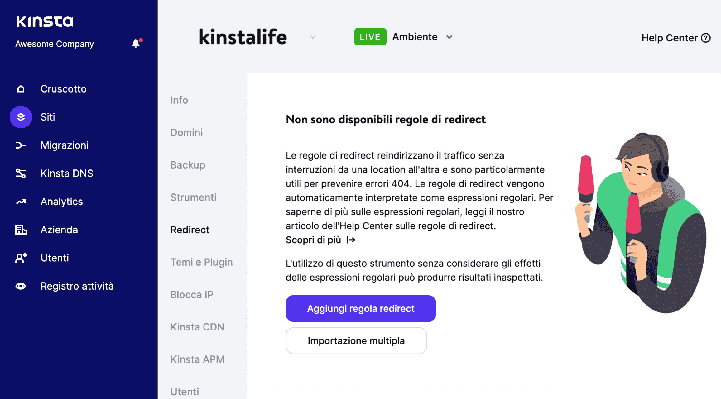 Aggiungere una regola di reindirizzamento in MyKinsta