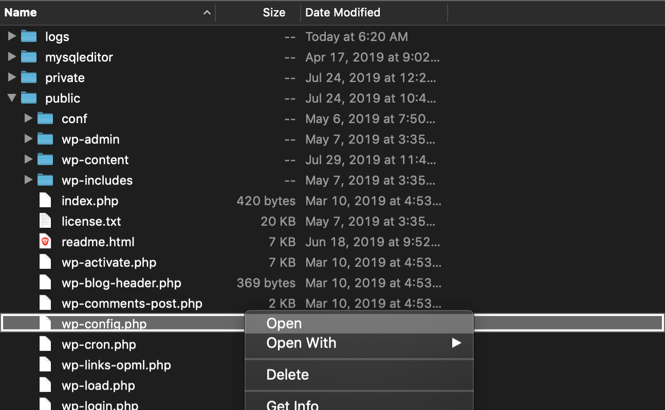 Download del file wp-config.php