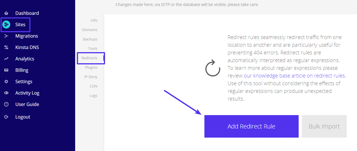 Come impostare i redirect dal cruscotto di Kinsta
