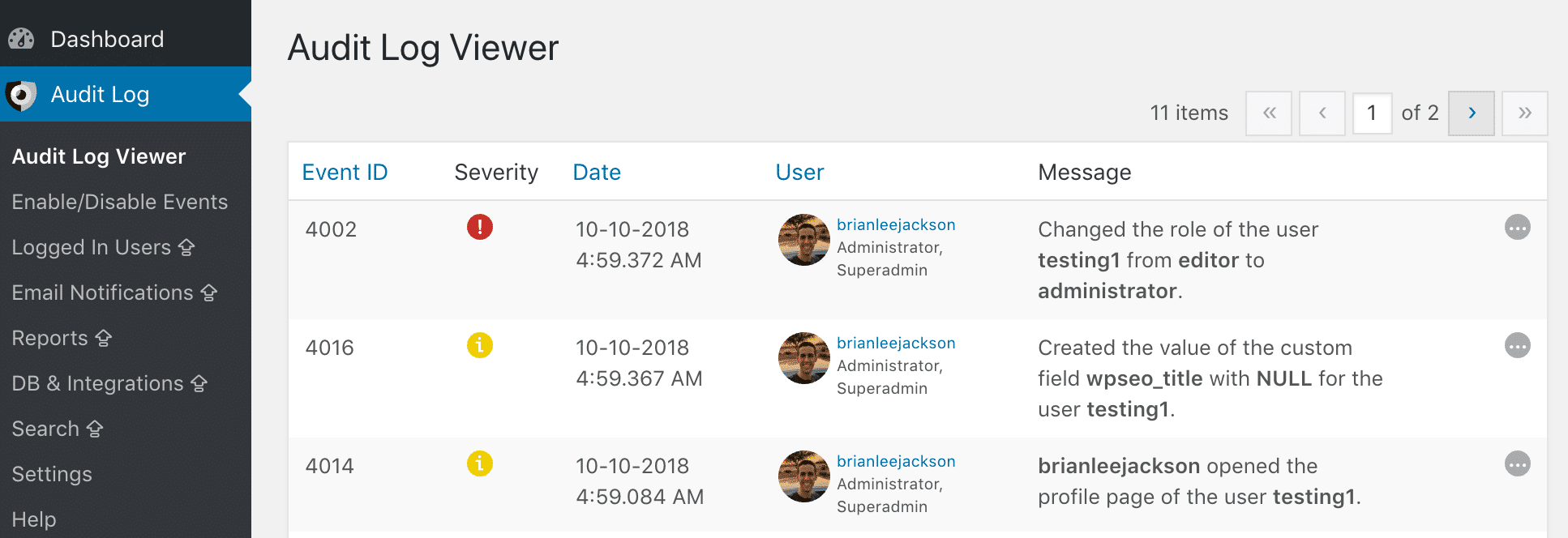 Modifiche dei profili utente in WP Security Audit Log
