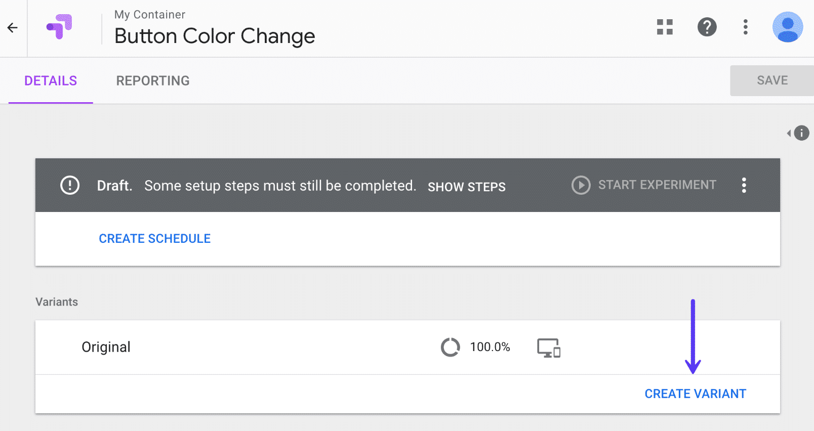 Creare una variante in Google Optimize