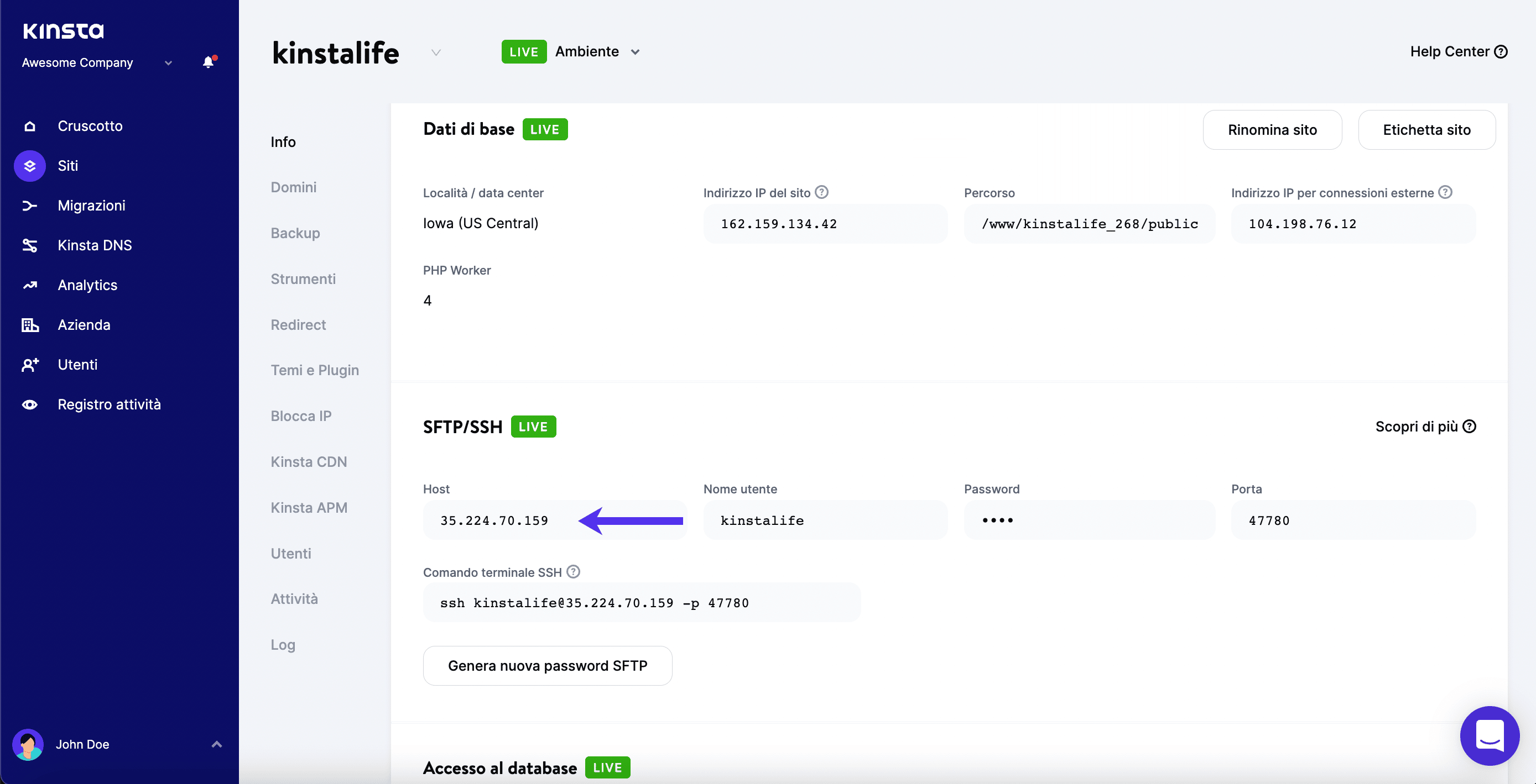 Indirizzo SFTP/SSH in MyKinsta.