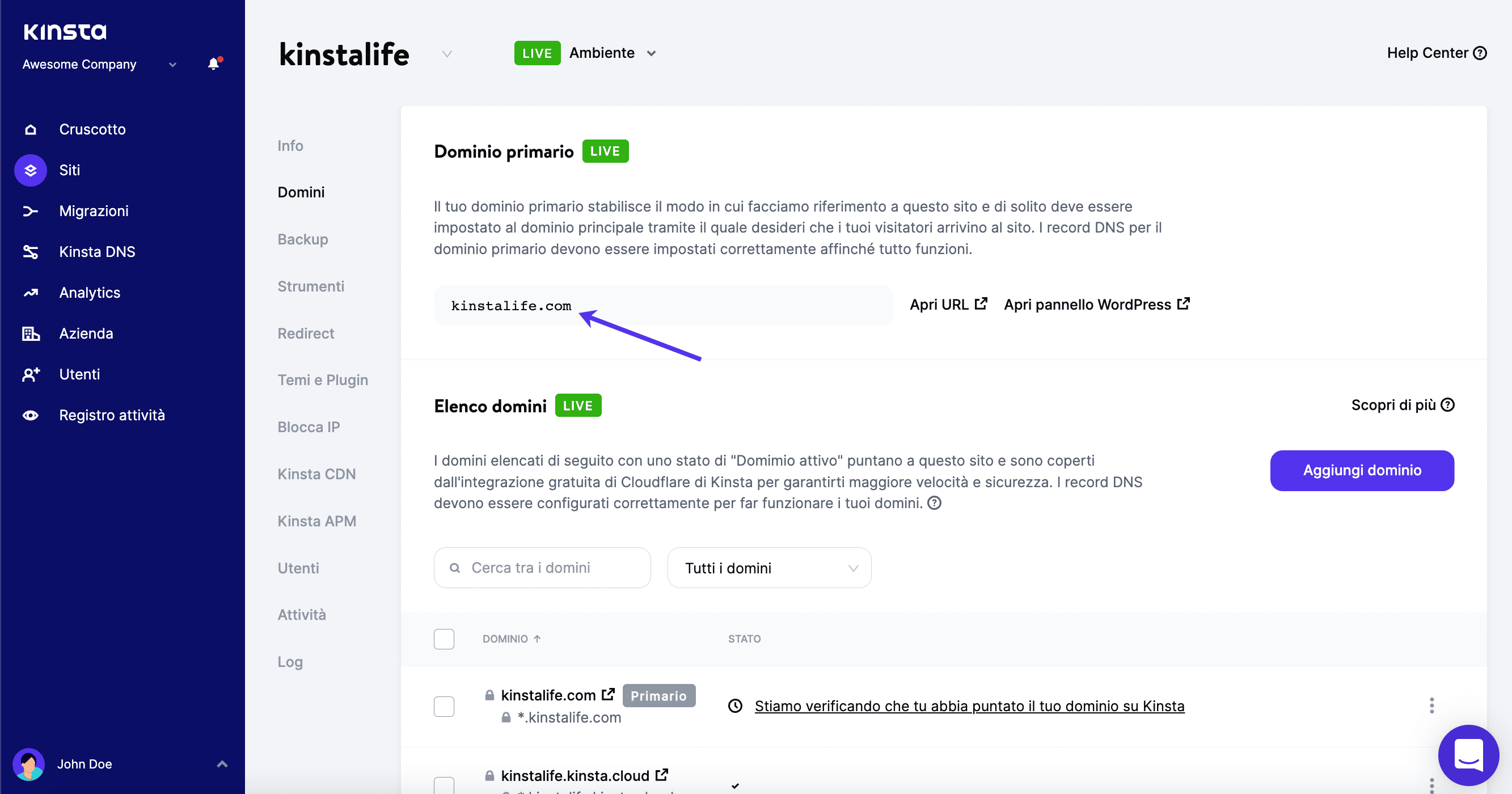 Dominio primario in MyKinsta.