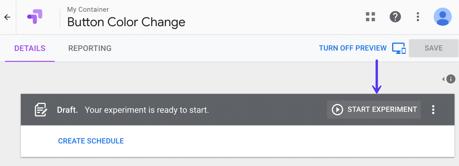 Start experiment in Google Optimize