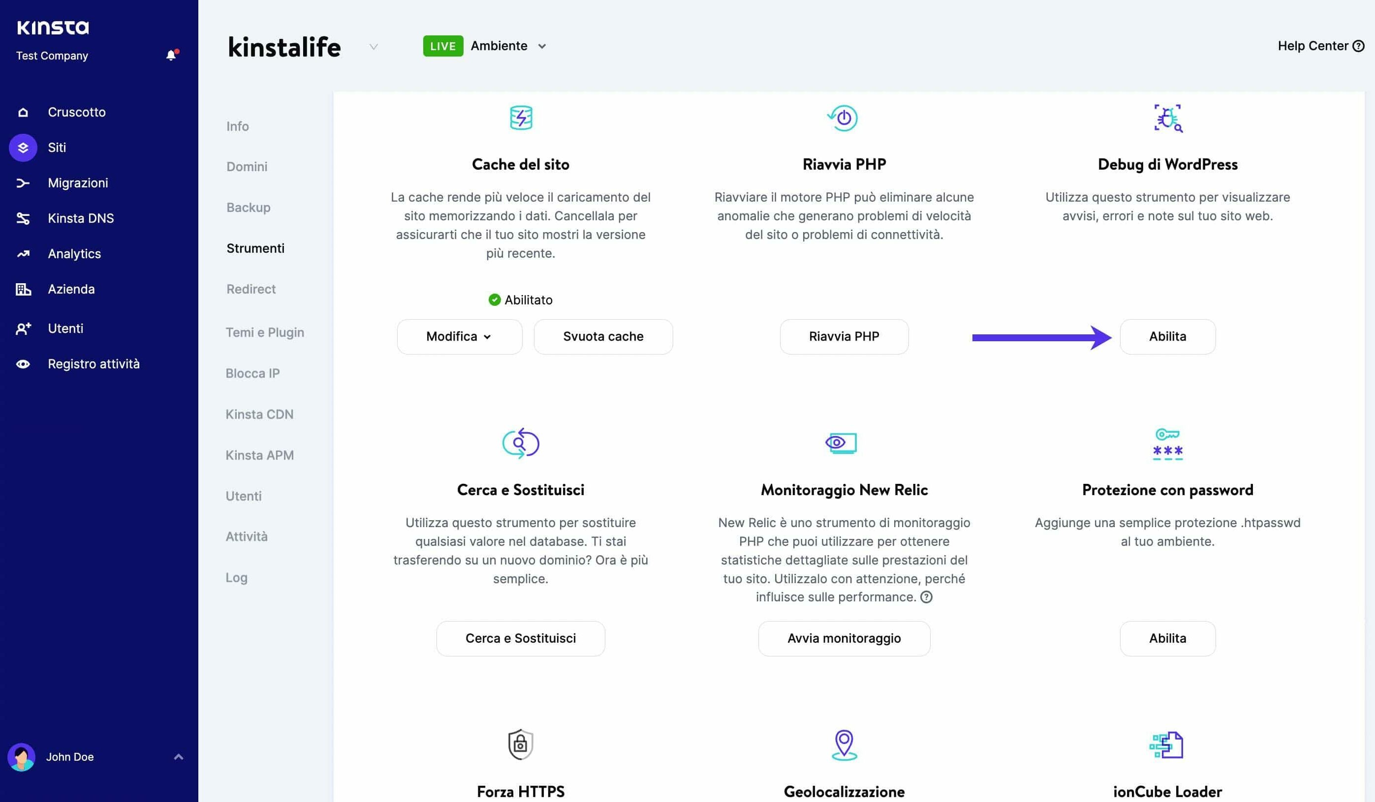 Attivazione della modalità di debug in MyKinsta.