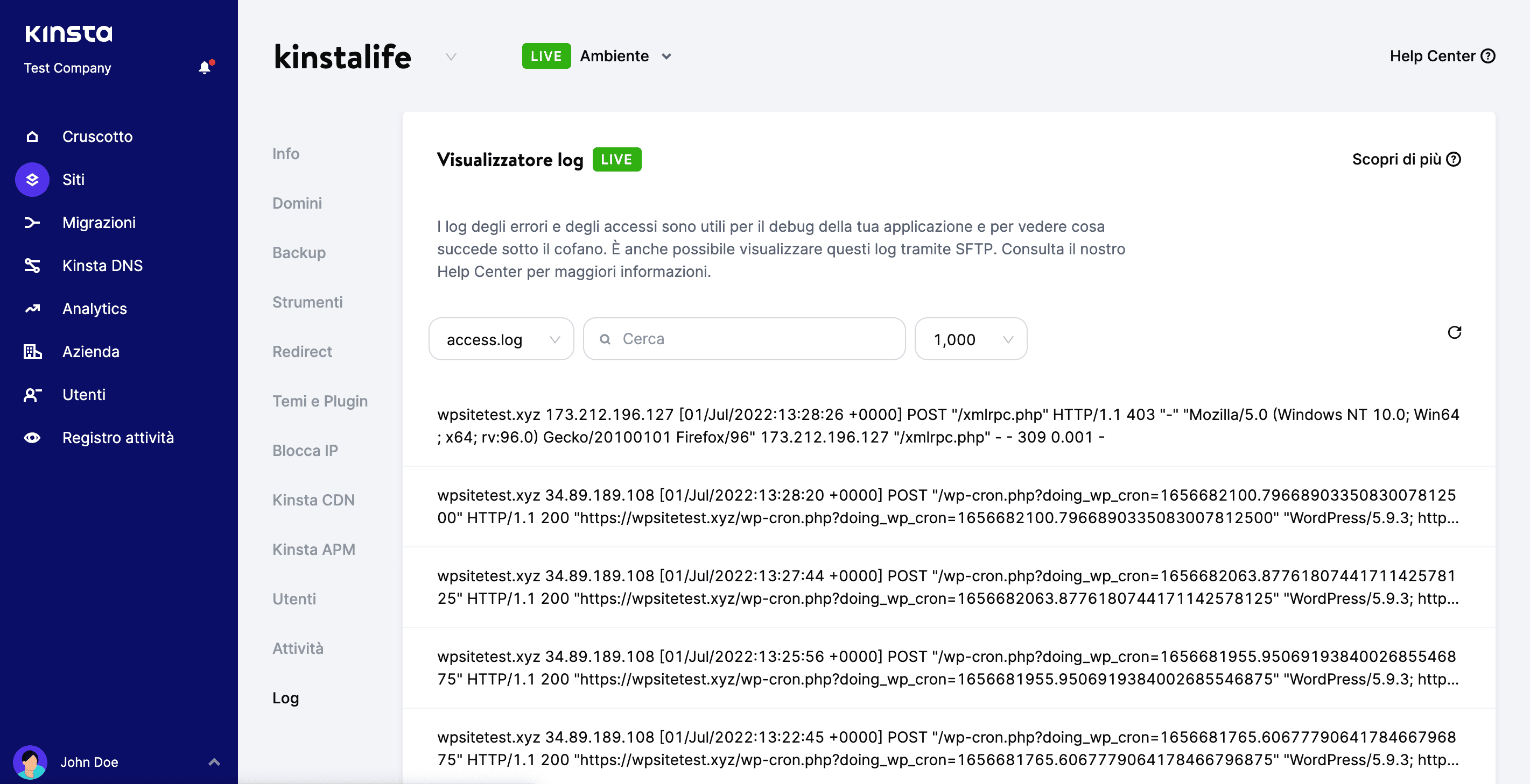 Log degli accessi di WordPress